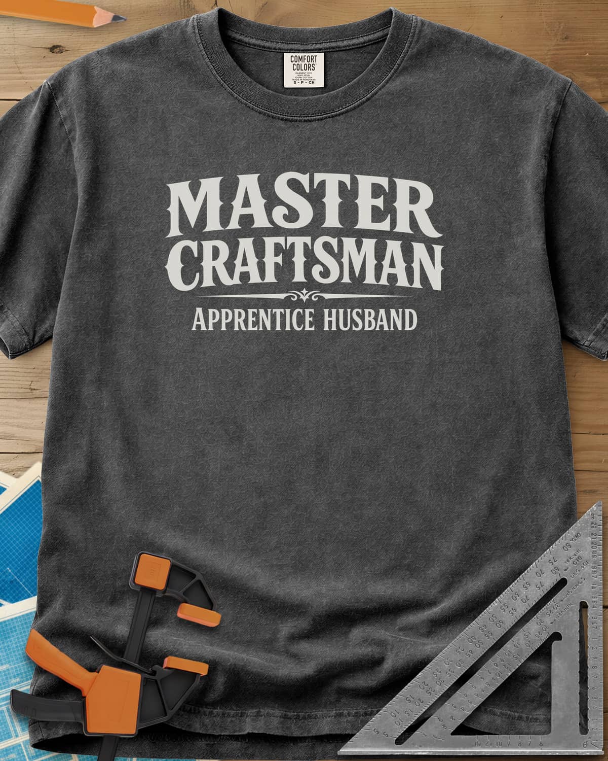 Master Craftsman Apprentice Husband heavyweight tee in Pepper, bold old-style lettering with a small ornamental divider