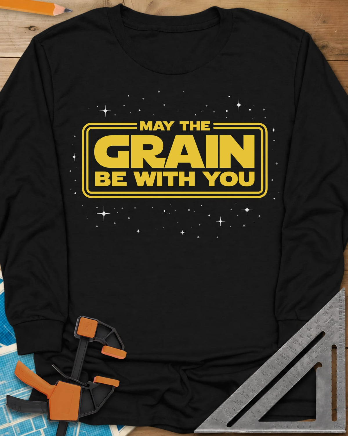 May The Grain Be With You long sleeve shirt in Black, yellow movie-title lettering in a double frame over a starfield