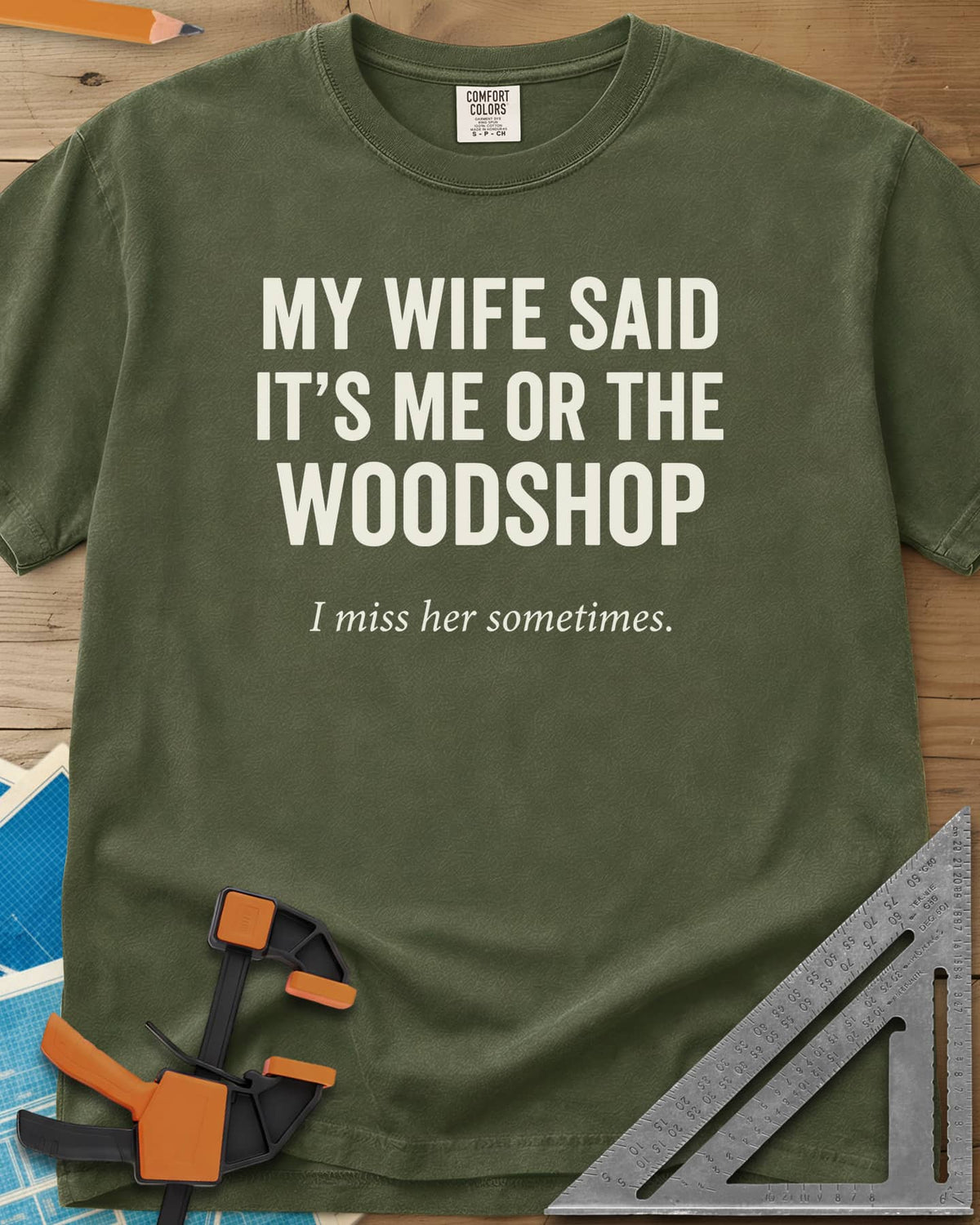 Me Or The Woodshop heavyweight tee in Hemp, plain block capitals with a small italic line underneath