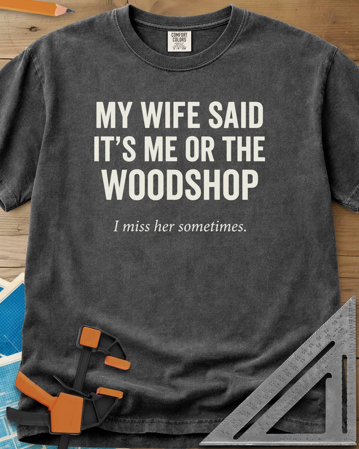 Me Or The Woodshop heavyweight tee in Pepper, plain block capitals with a small italic line underneath