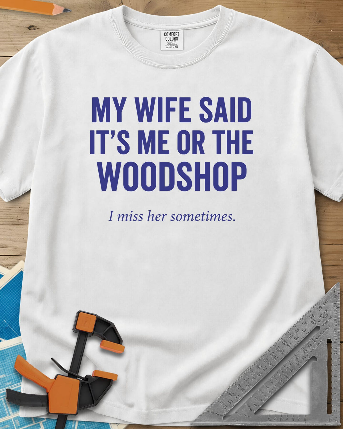 Me Or The Woodshop heavyweight tee in White, plain block capitals with a small italic line underneath