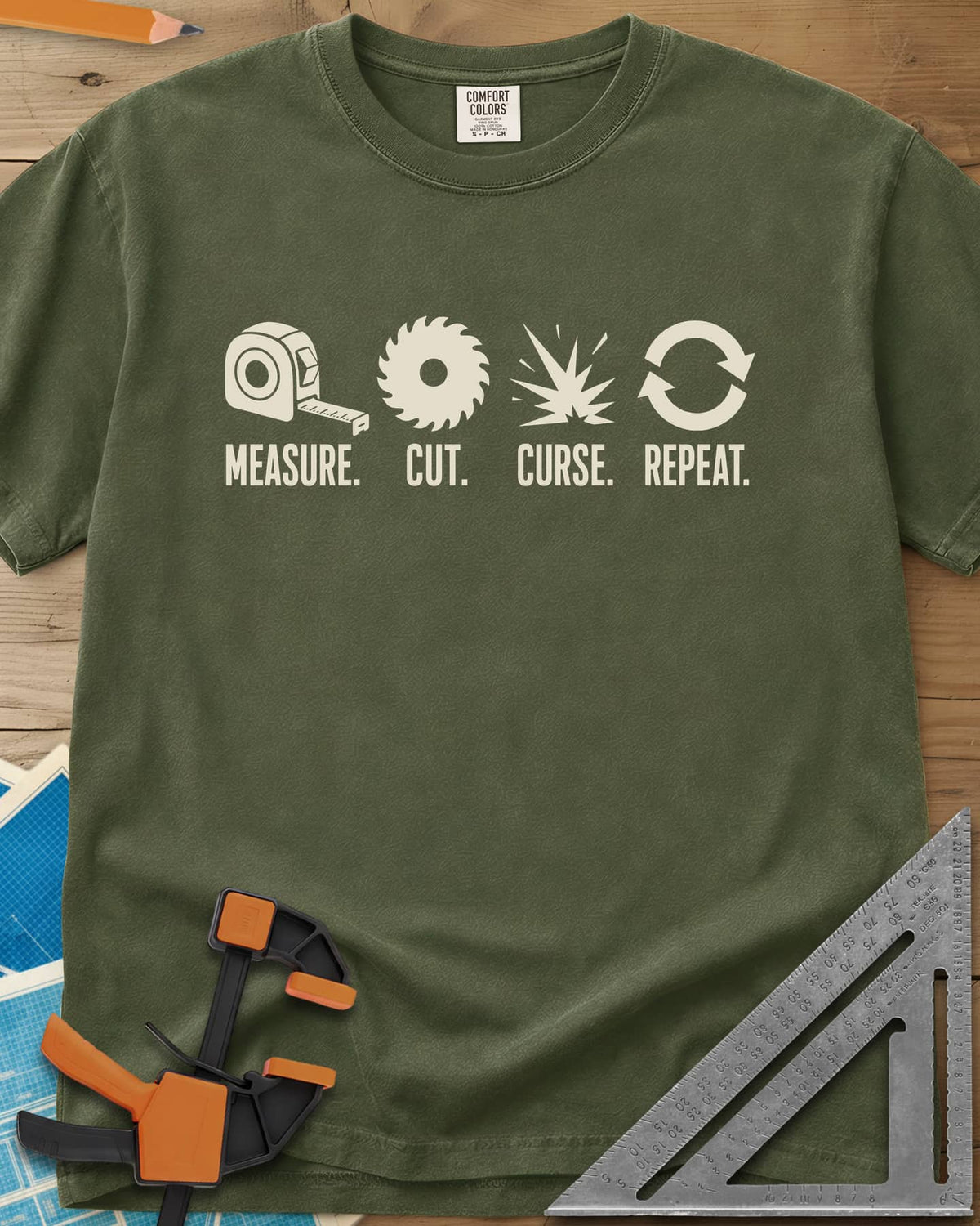 Measure Cut Repeat heavyweight tee in Hemp, four icons: tape measure, saw blade, spark burst, repeat arrows