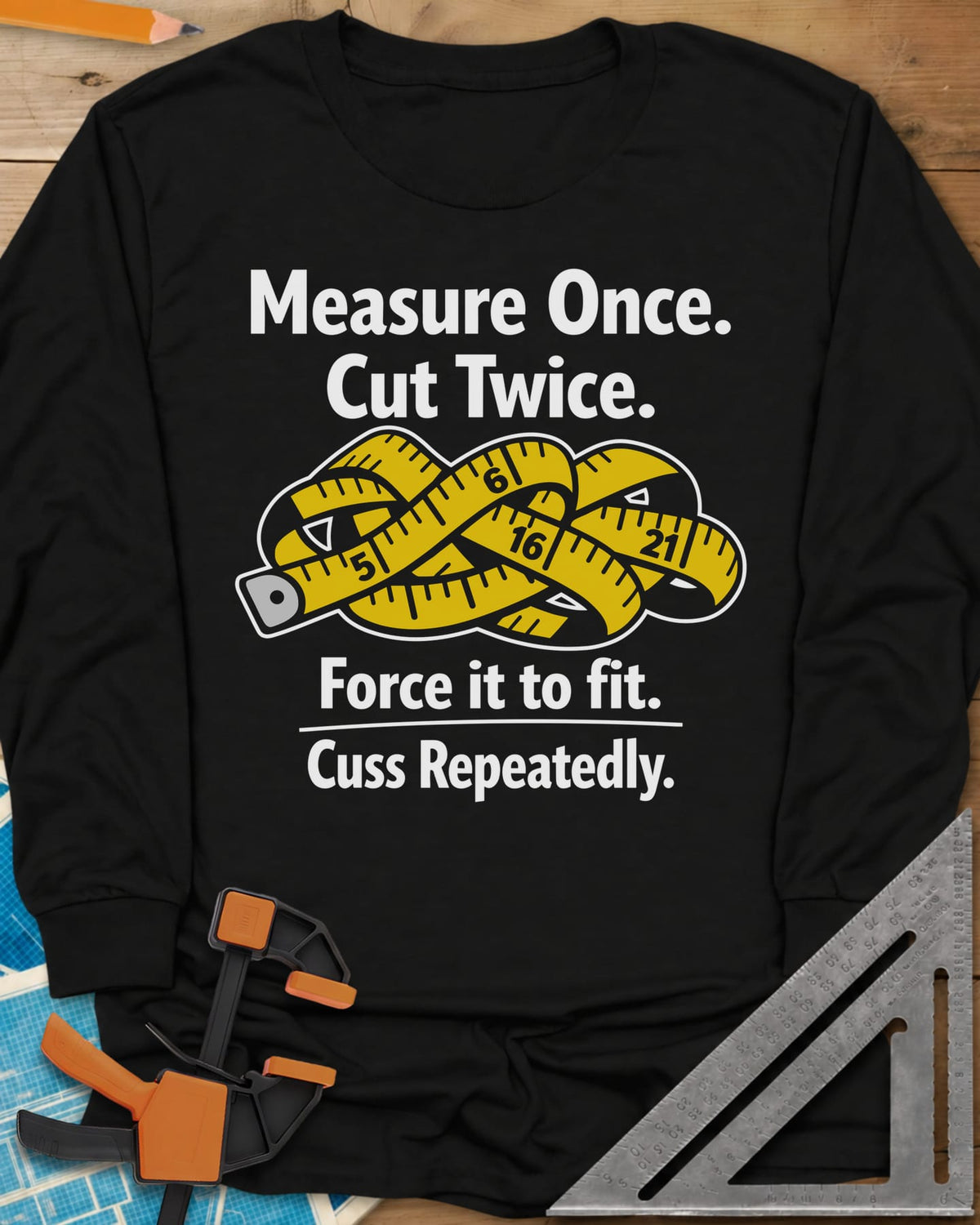 Measure Once long sleeve shirt in Black, a yellow tape measure tied in a knot