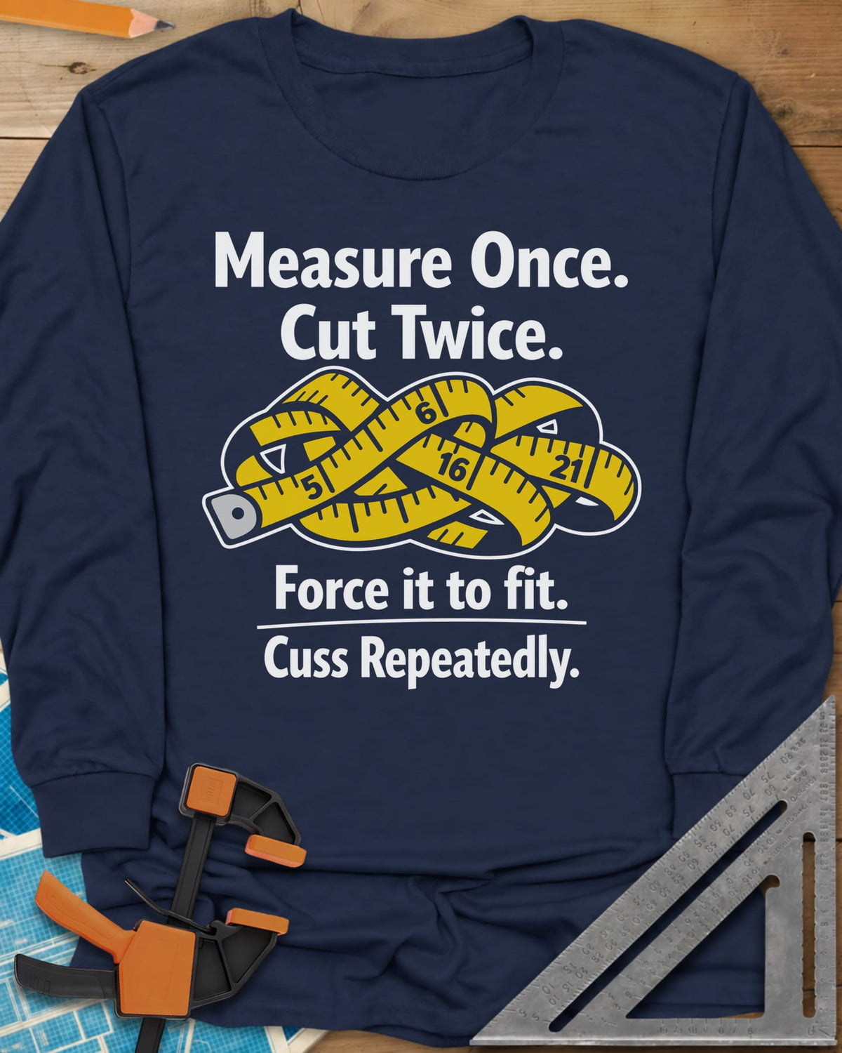 Measure Once long sleeve shirt in Navy, a yellow tape measure tied in a knot