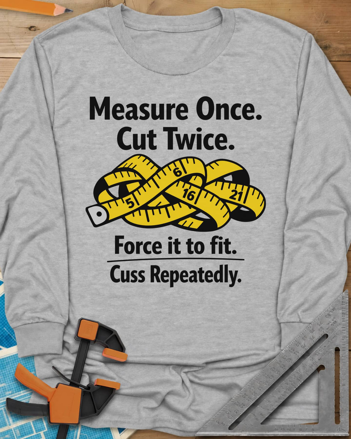 Measure Once long sleeve shirt in Sport Grey, a yellow tape measure tied in a knot
