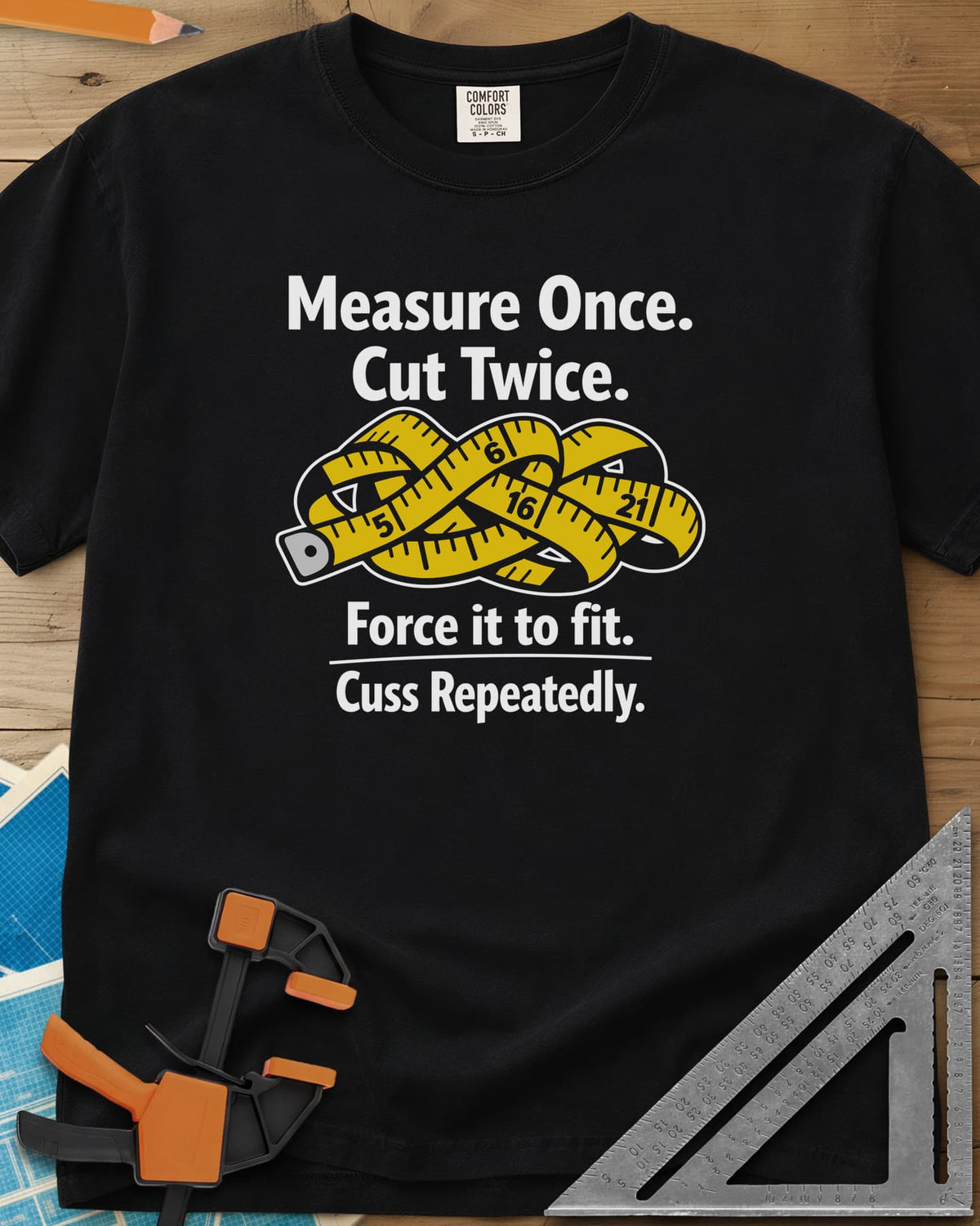 Measure Once heavyweight tee in Black, a yellow tape measure tied in a knot