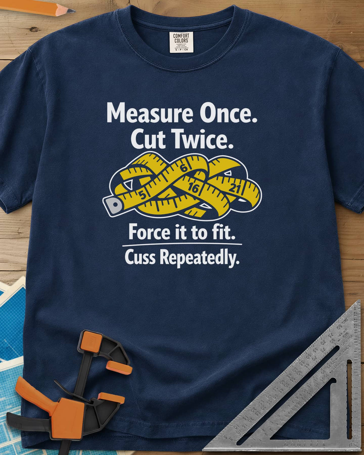 Measure Once heavyweight tee in Navy, a yellow tape measure tied in a knot