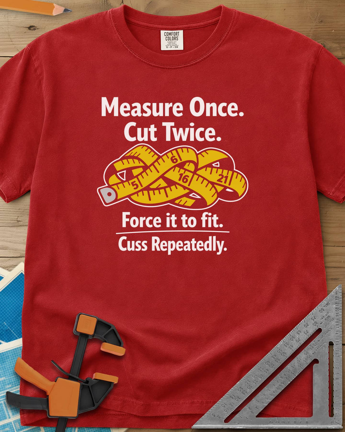 Measure Once heavyweight tee in Red, a yellow tape measure tied in a knot