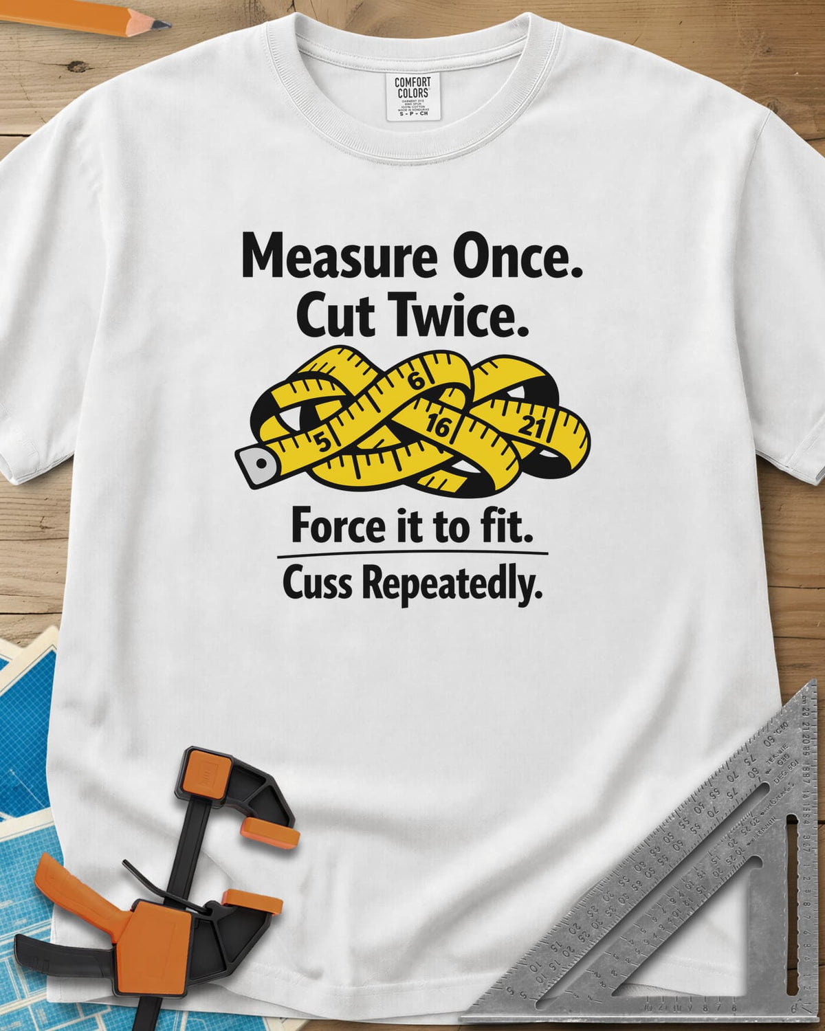 Measure Once heavyweight tee in White, a yellow tape measure tied in a knot