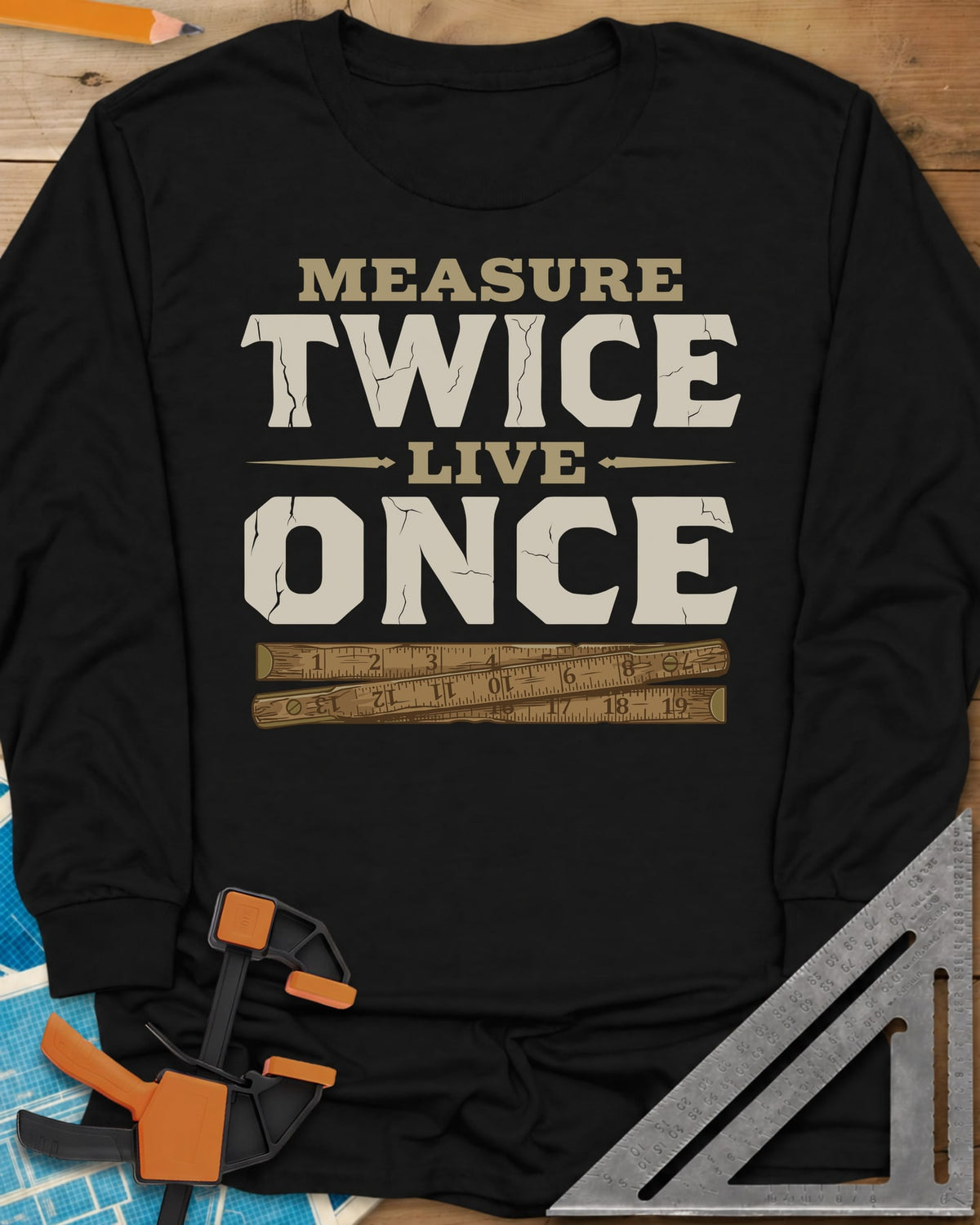 Measure Twice Live Once long sleeve shirt in Black, cracked block letters above a worn wooden folding rule