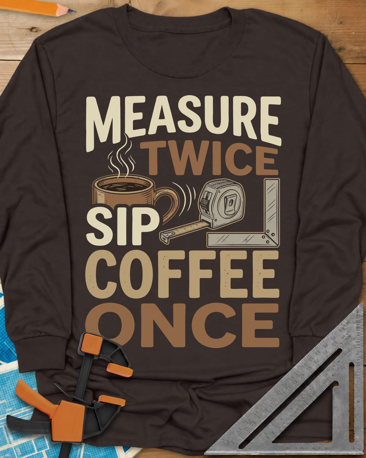Measure Twice Sip Coffee Once long sleeve shirt in Dark Chocolate, stacked lettering with a coffee mug, tape measure and