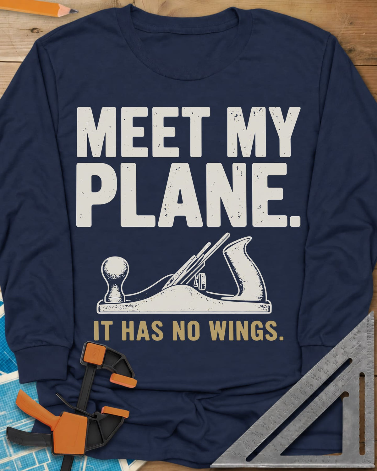 Meet My Plane long sleeve shirt in Navy, a cream bench hand plane under worn block lettering and a tan tagline