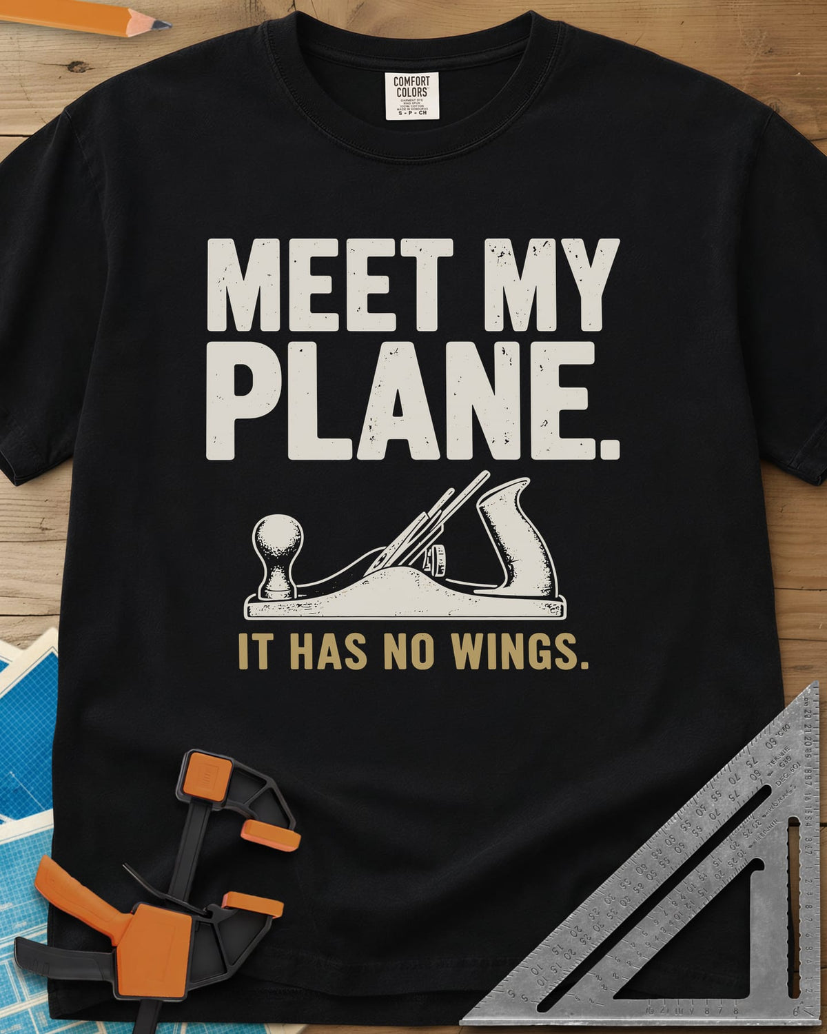 Meet My Plane heavyweight tee in Black, a cream bench hand plane under worn block lettering and a tan tagline