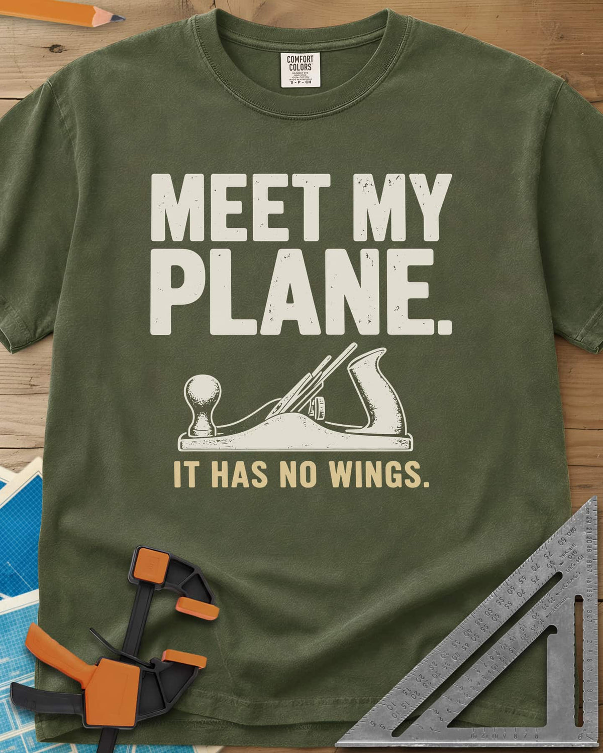 Meet My Plane heavyweight tee in Hemp, a cream bench hand plane under worn block lettering and a tan tagline