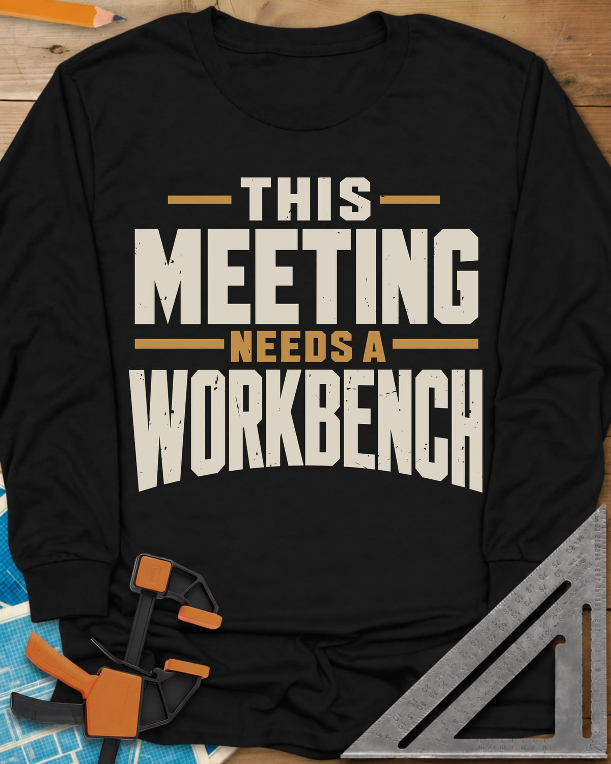 Meeting Workbench long sleeve shirt in Black, distressed block capitals in cream and gold, no graphic