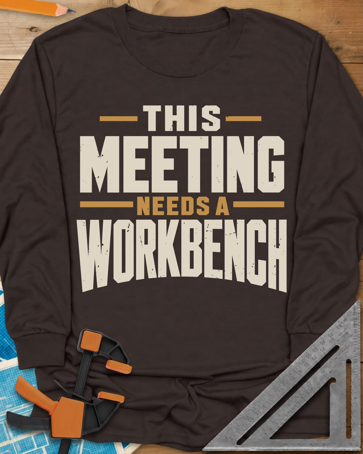 Meeting Workbench long sleeve shirt in Dark Chocolate, distressed block capitals in cream and gold, no graphic