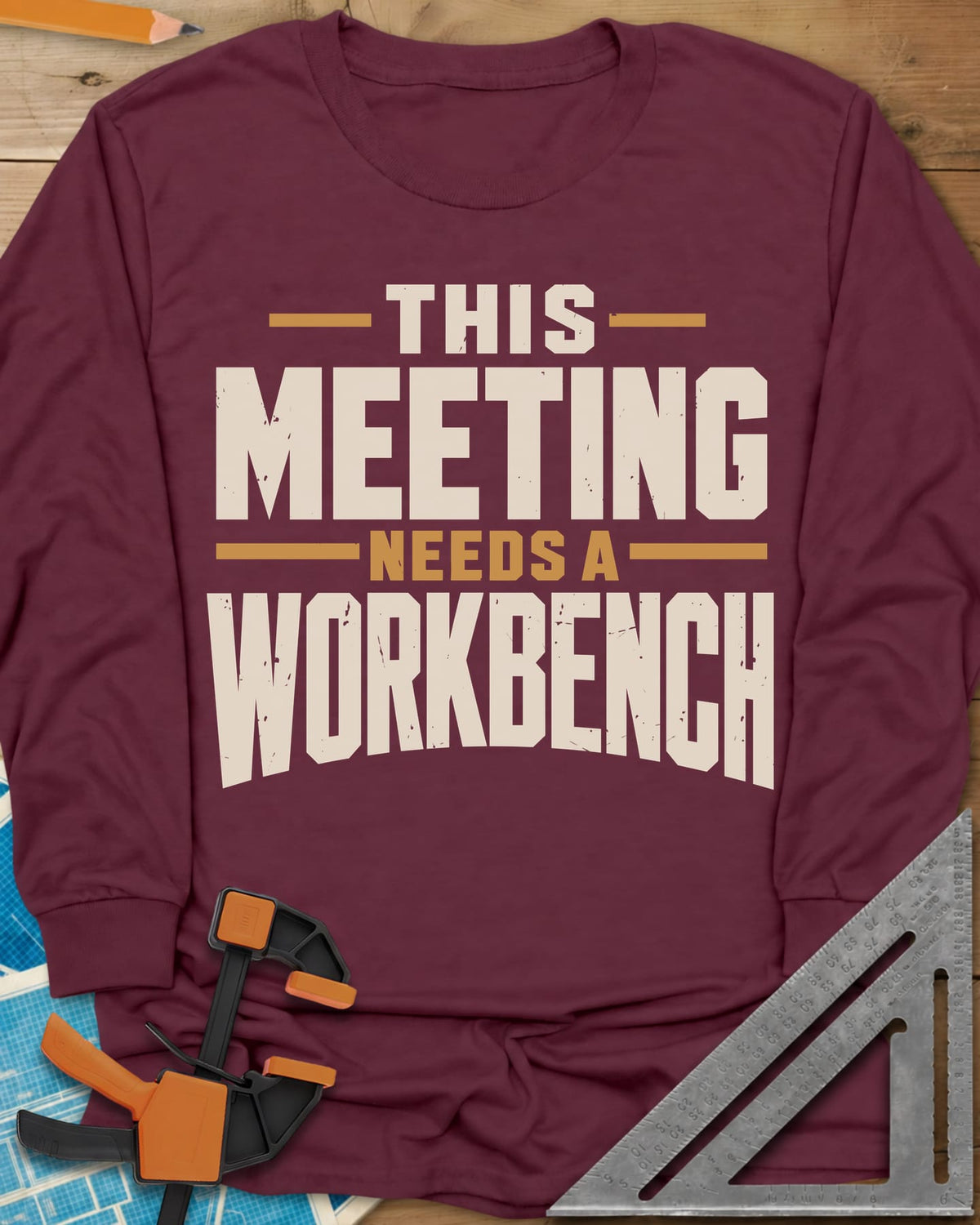 Meeting Workbench long sleeve shirt in Maroon, distressed block capitals in cream and gold, no graphic
