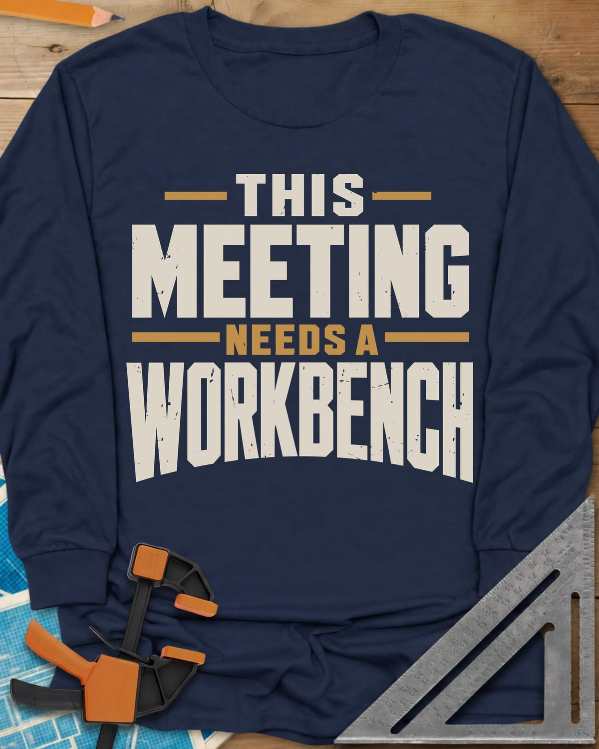 Meeting Workbench long sleeve shirt in Navy, distressed block capitals in cream and gold, no graphic