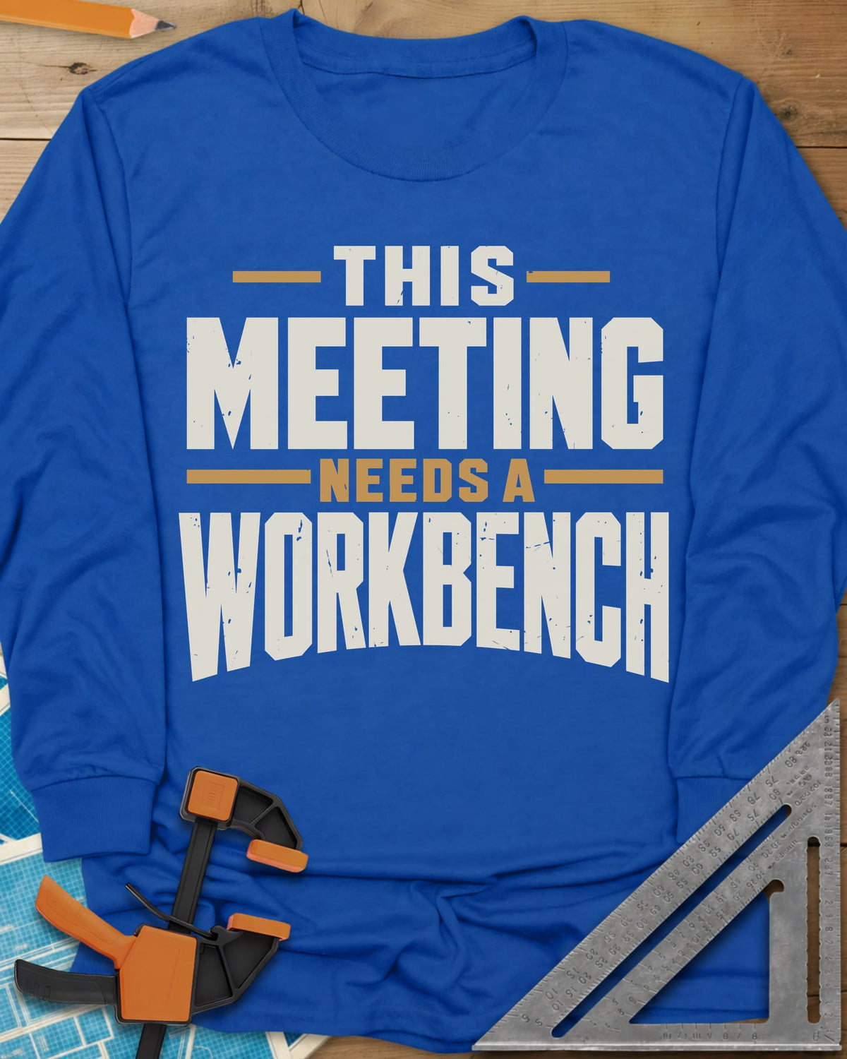 Meeting Workbench long sleeve shirt in Royal, distressed block capitals in cream and gold, no graphic
