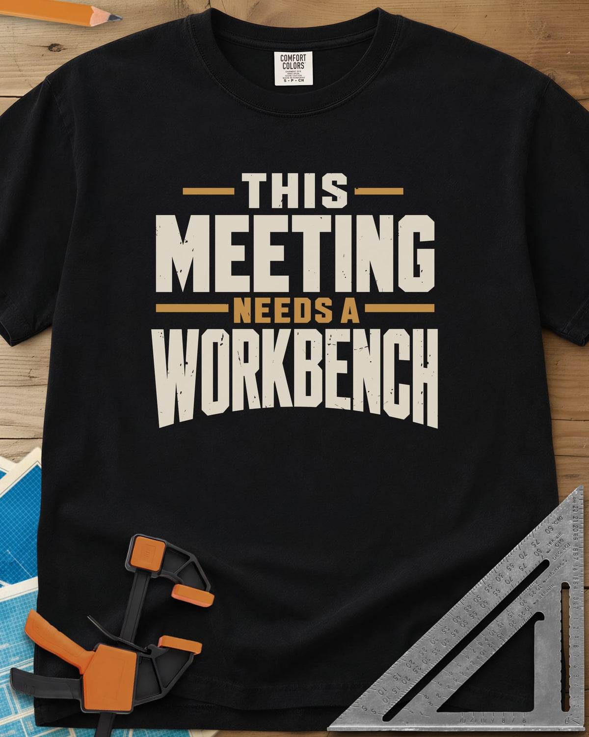 Meeting Workbench heavyweight tee in Black, distressed block capitals in cream and gold, no graphic