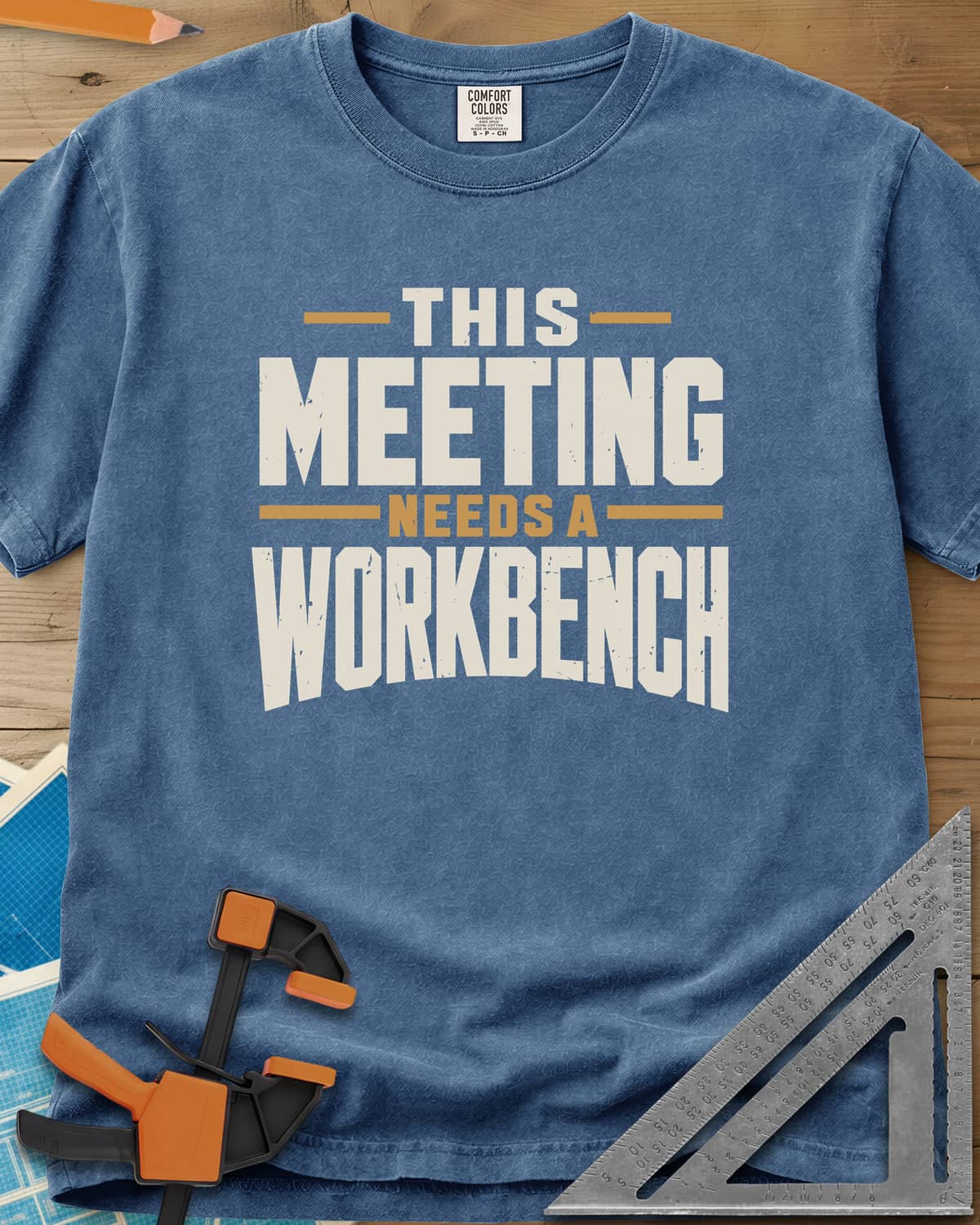 Meeting Workbench heavyweight tee in Blue Jean, distressed block capitals in cream and gold, no graphic