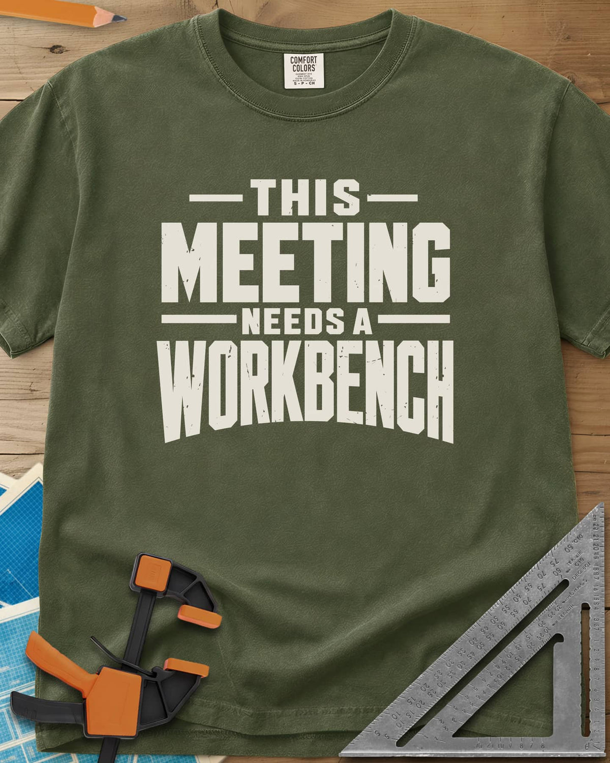 Meeting Workbench heavyweight tee in Hemp, distressed block capitals in cream and gold, no graphic