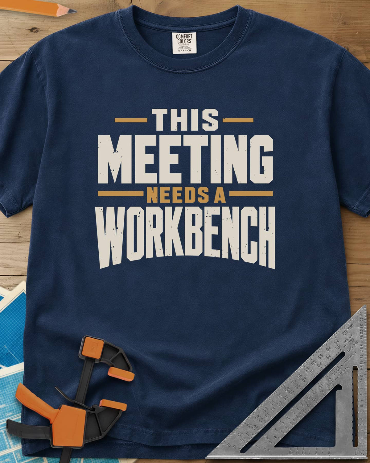 Meeting Workbench heavyweight tee in Navy, distressed block capitals in cream and gold, no graphic