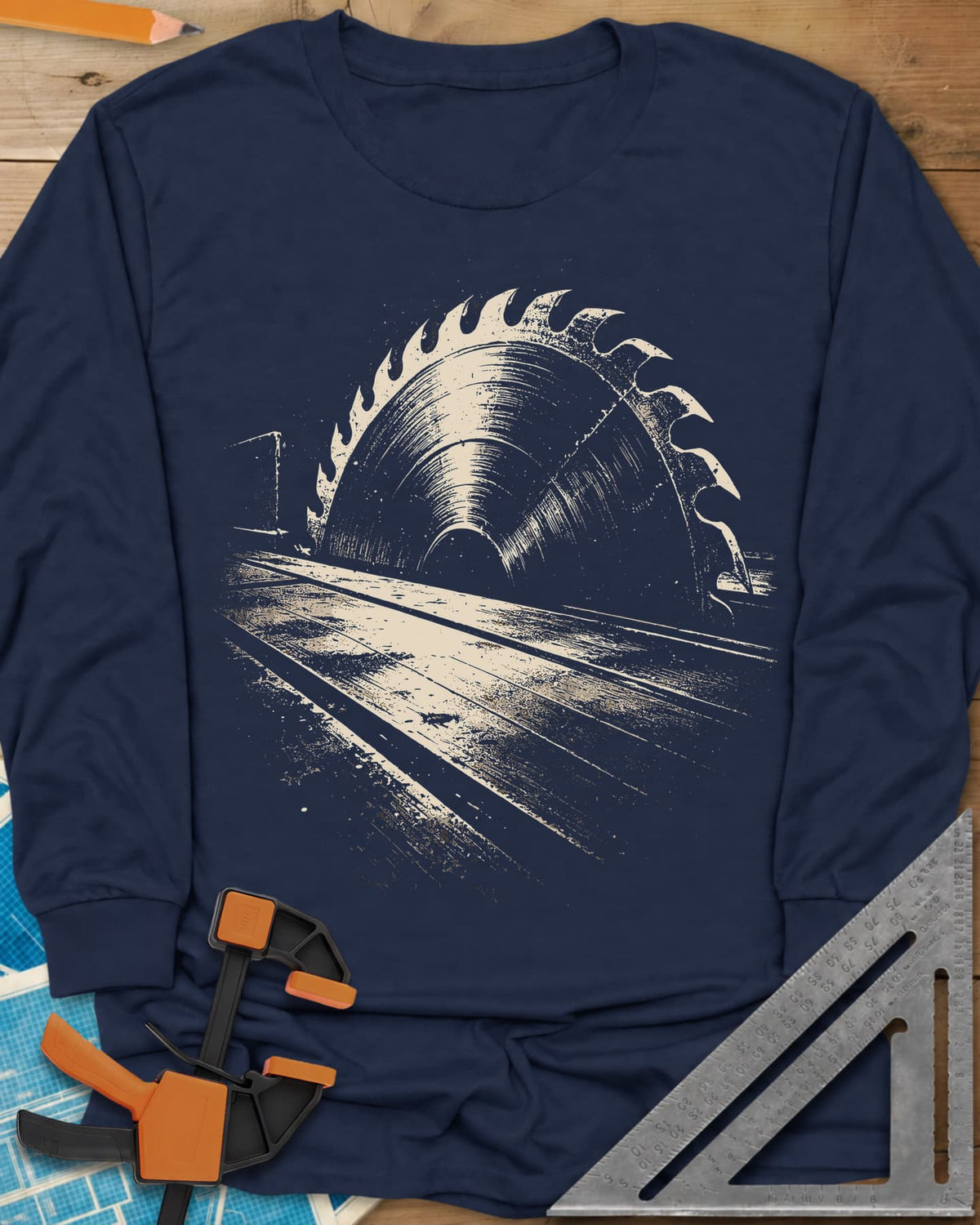 Midnight Table Saw long sleeve shirt in Navy, a grainy cream saw blade rising over a long table, no words