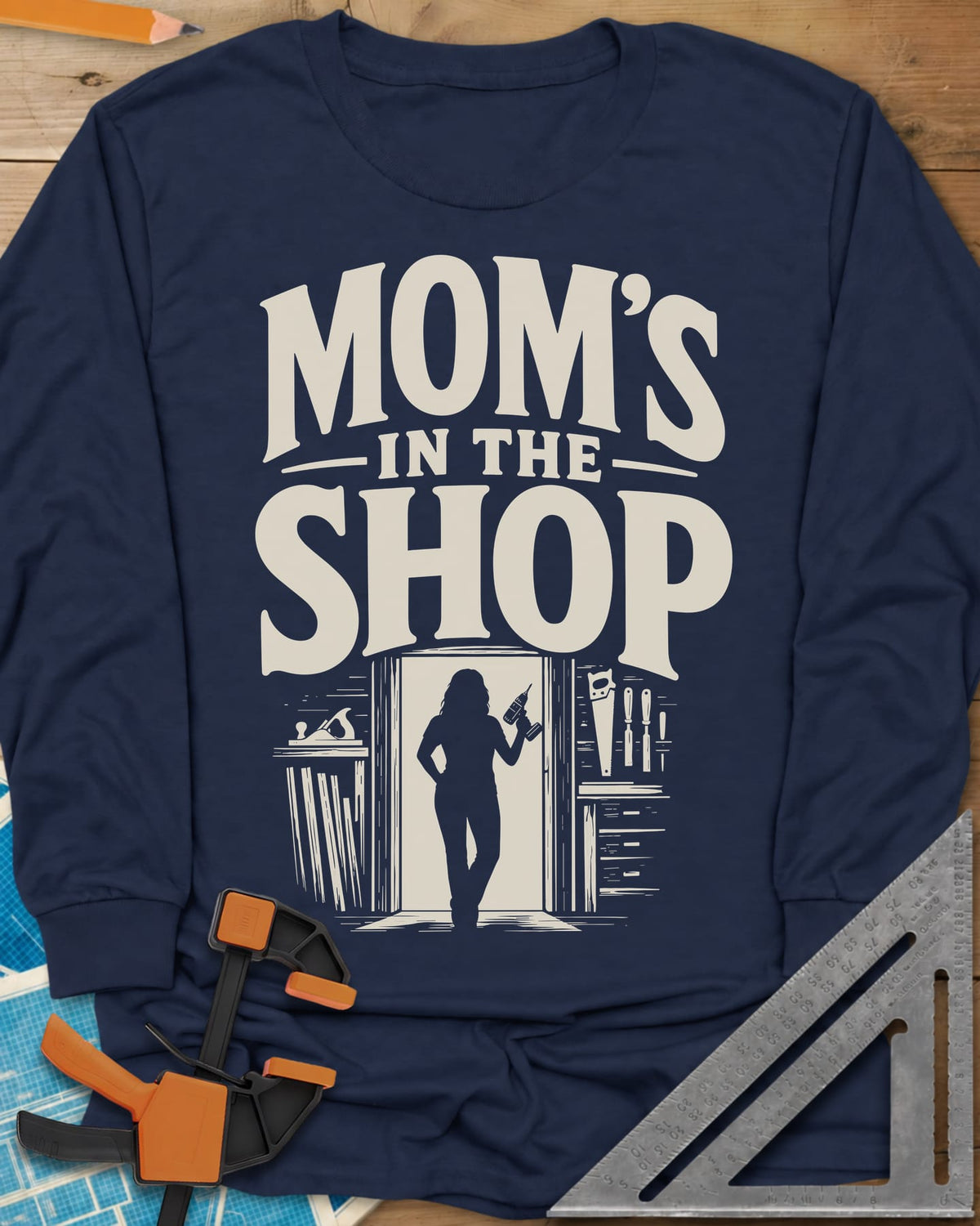Mom'S Shop long sleeve shirt in Navy, silhouette of a woman with a cordless drill in a shop doorway