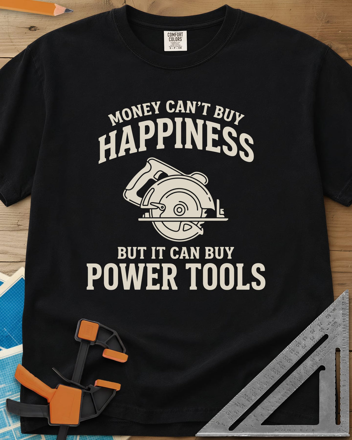 Money Can't Buy Happiness Power Tools heavyweight tee in Black, line-drawn circular saw between two lines of curved lettering