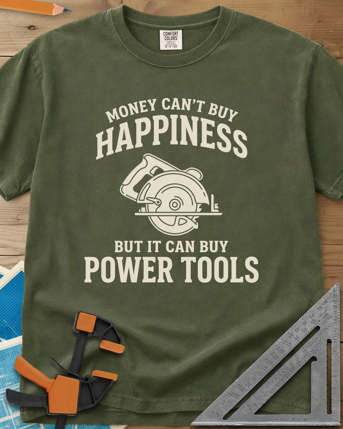 Money Can't Buy Happiness Power Tools heavyweight tee in Hemp, line-drawn circular saw between two lines of curved lettering