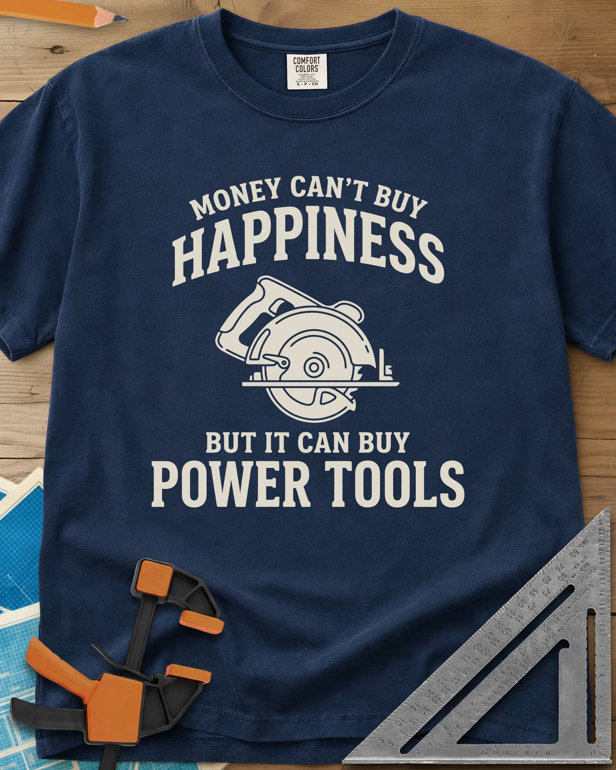 Money Can't Buy Happiness Power Tools heavyweight tee in Navy, line-drawn circular saw between two lines of curved lettering