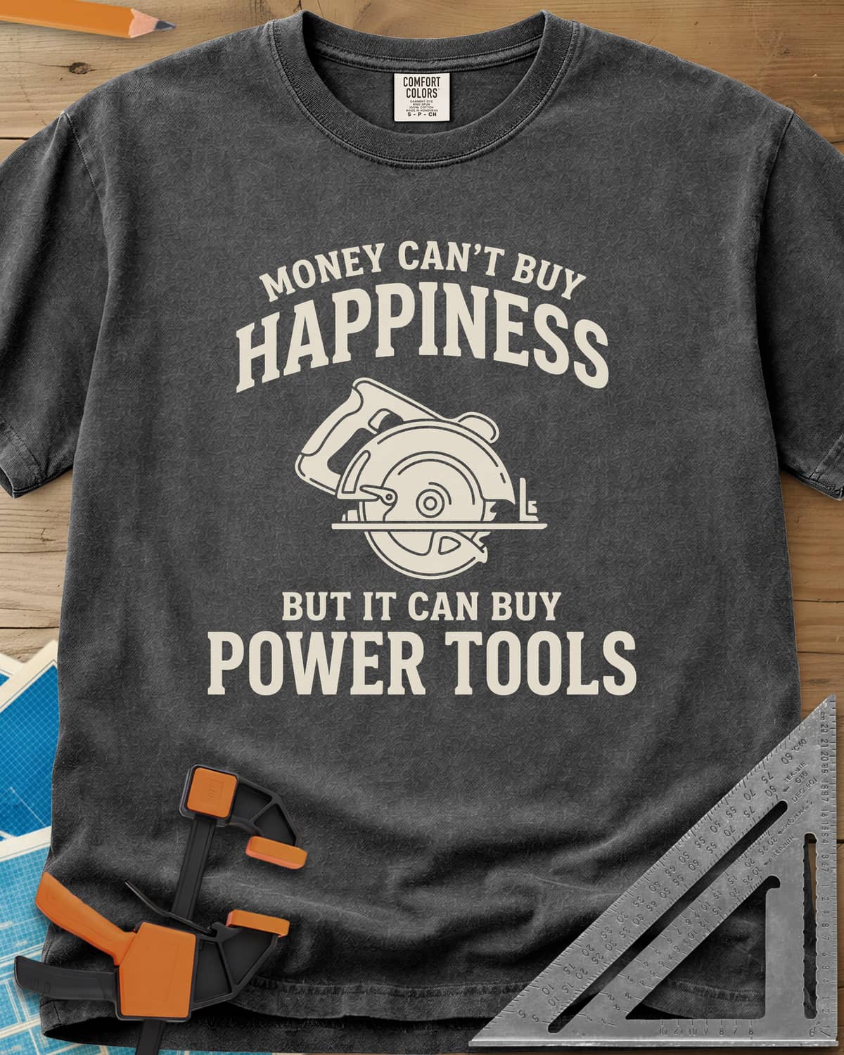 Money Can't Buy Happiness Power Tools heavyweight tee in Pepper, line-drawn circular saw between two lines of curved