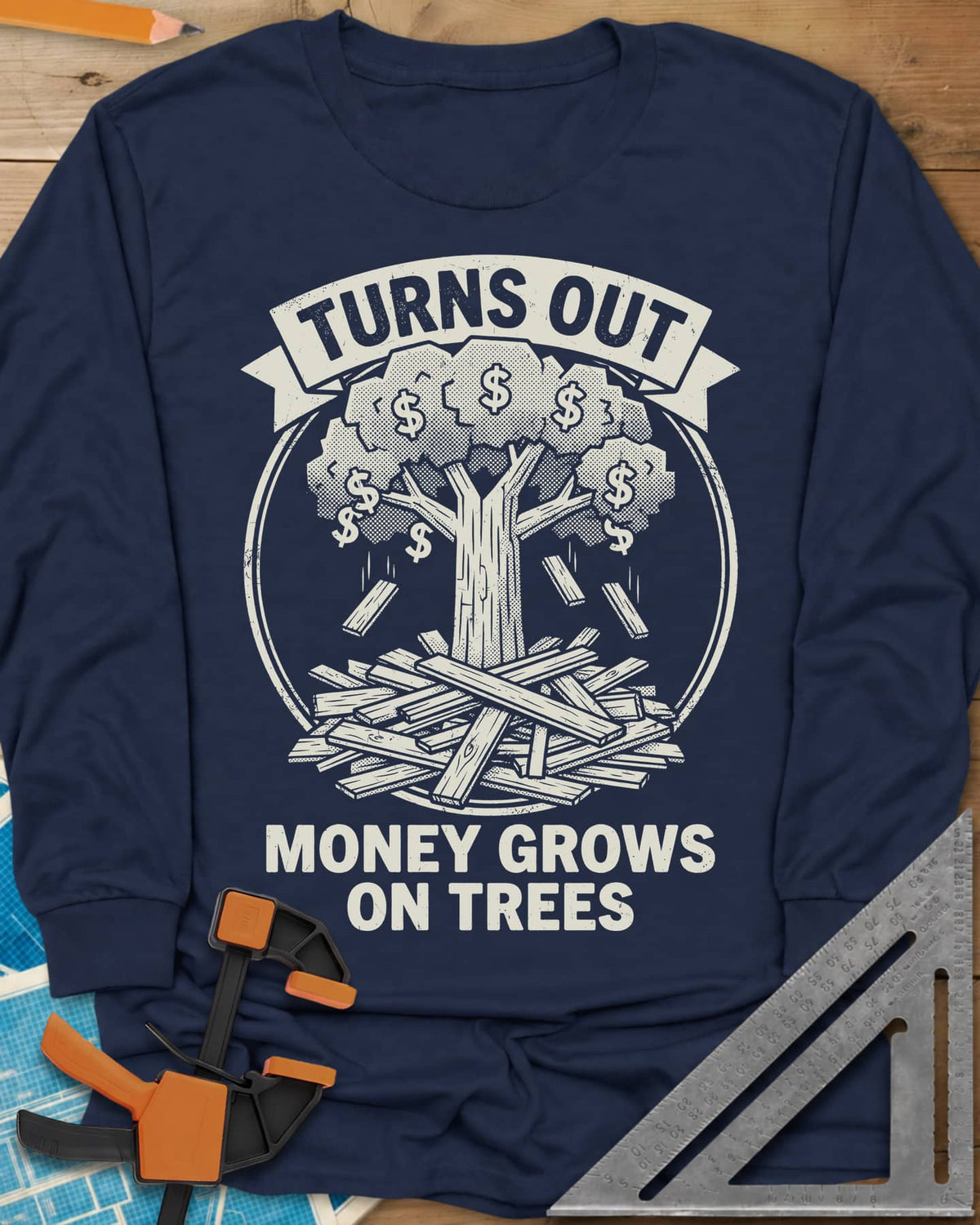 Money Grows On Trees long sleeve shirt in Navy, a round emblem of a tree with dollar-sign leaves above a lumber pile