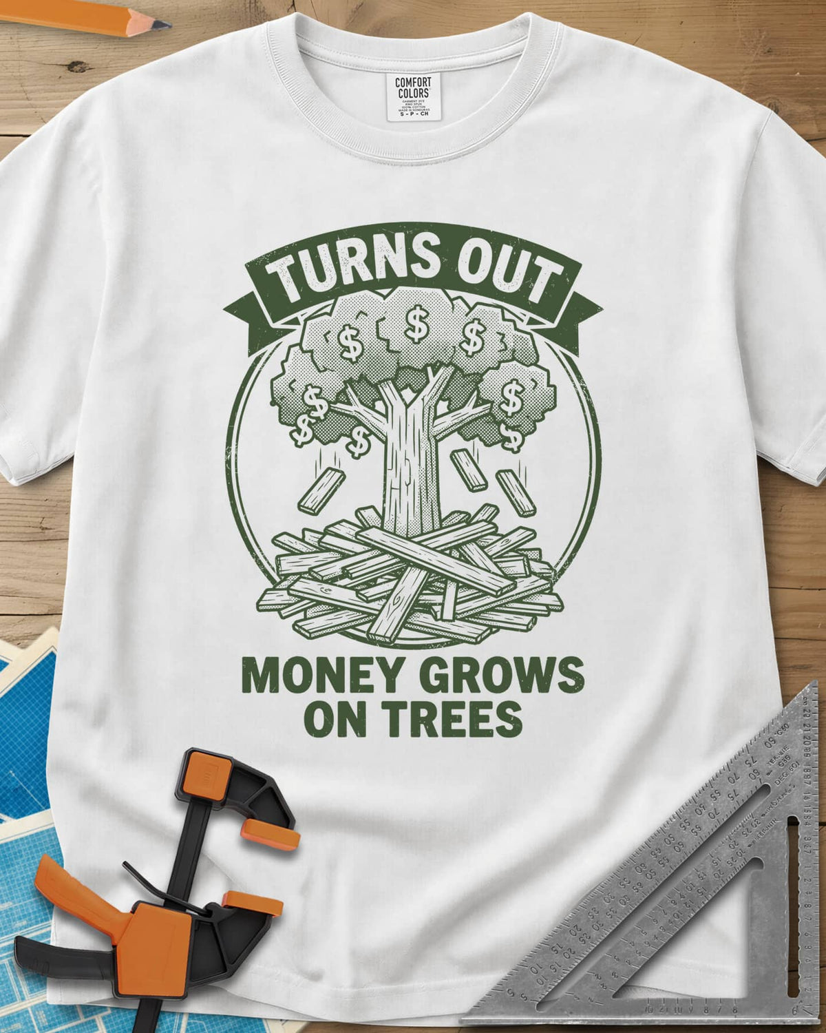 Money Grows On Trees heavyweight tee in White, a round emblem of a tree with dollar-sign leaves above a lumber pile