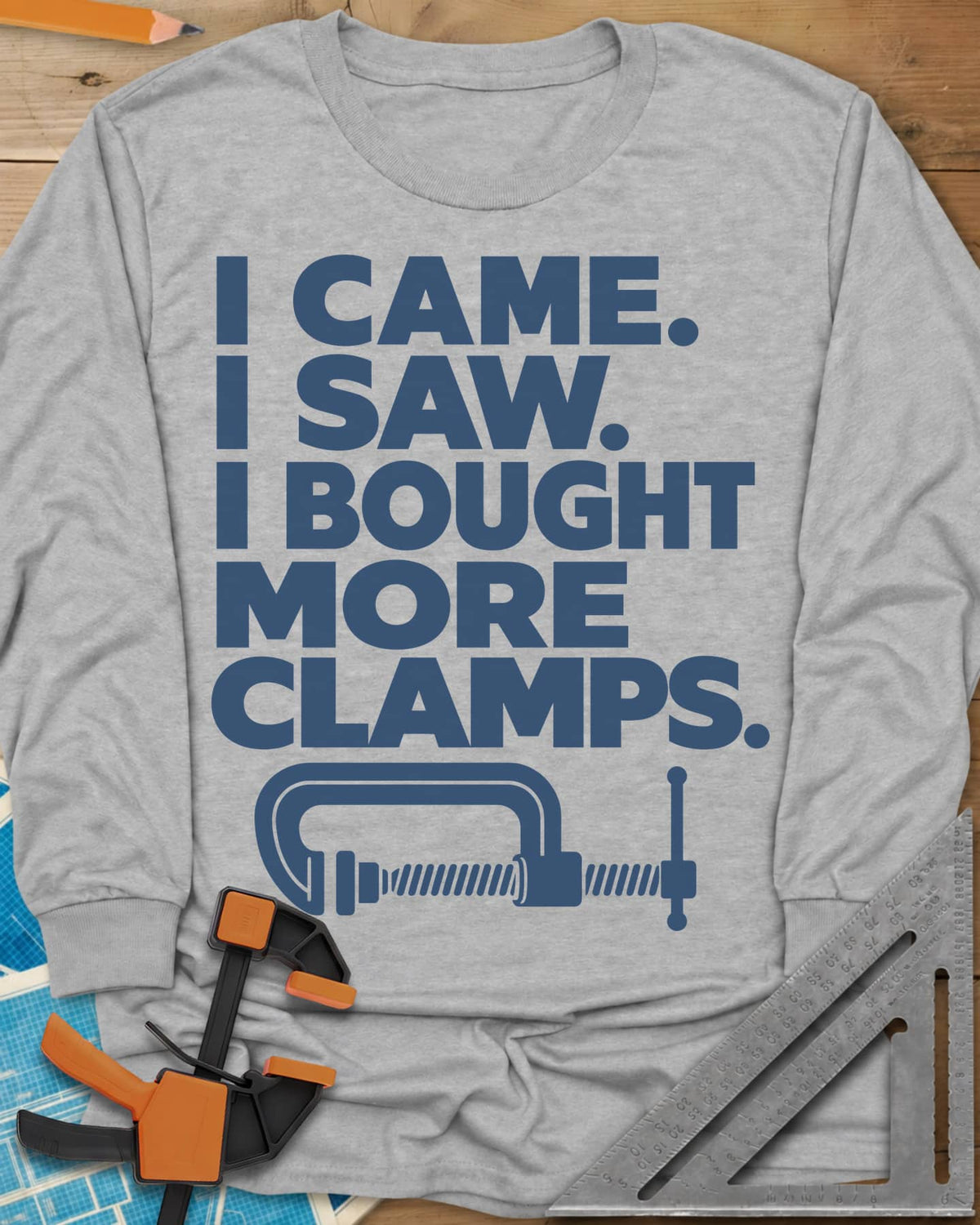 More Clamps long sleeve shirt in Sport Grey, four lines of block letters with a C-clamp underneath