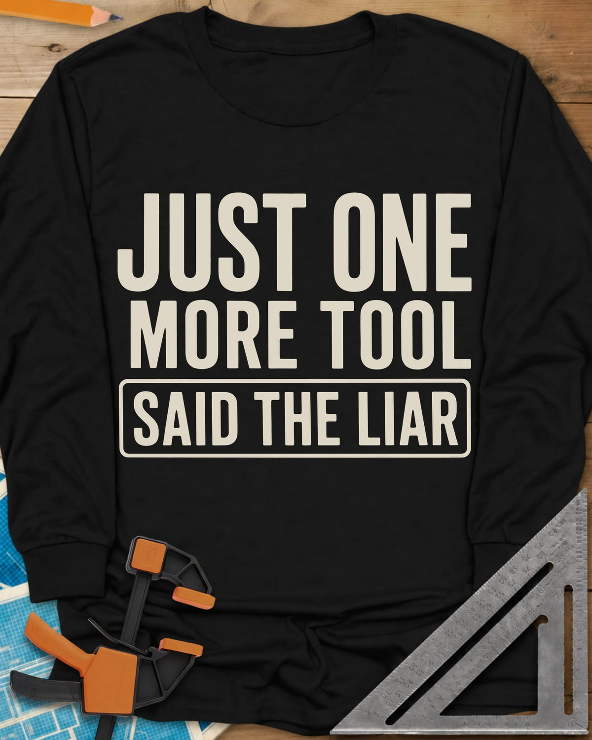 More Tools long sleeve shirt in Black, bold condensed capitals with the last line in a rounded box