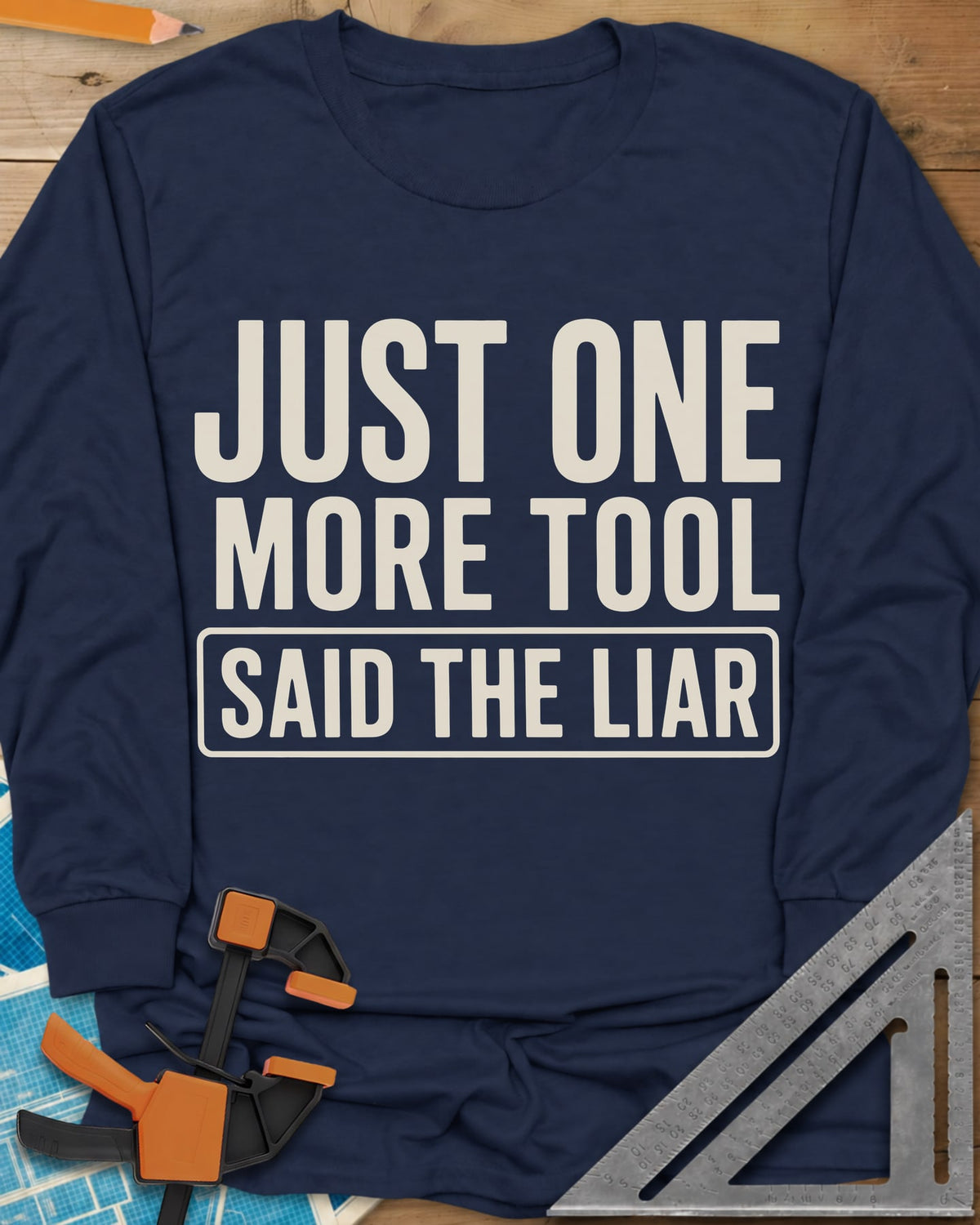 More Tools long sleeve shirt in Navy, bold condensed capitals with the last line in a rounded box