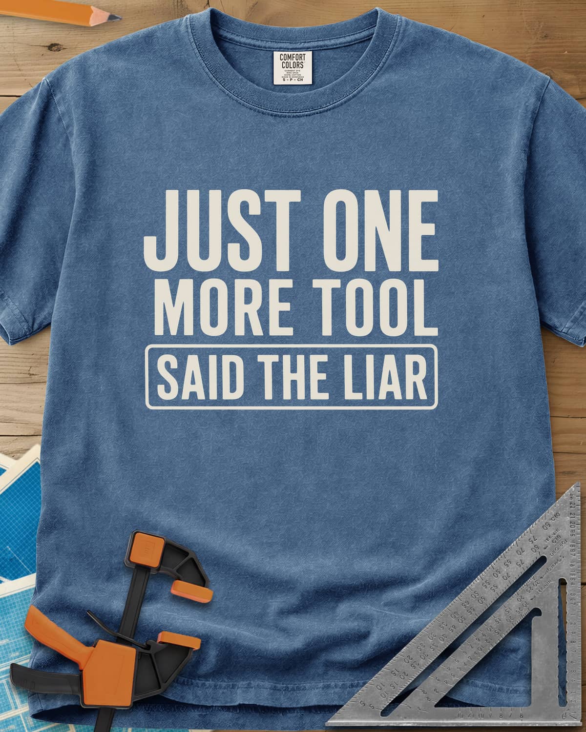 More Tools heavyweight tee in Blue Jean, bold condensed capitals with the last line in a rounded box
