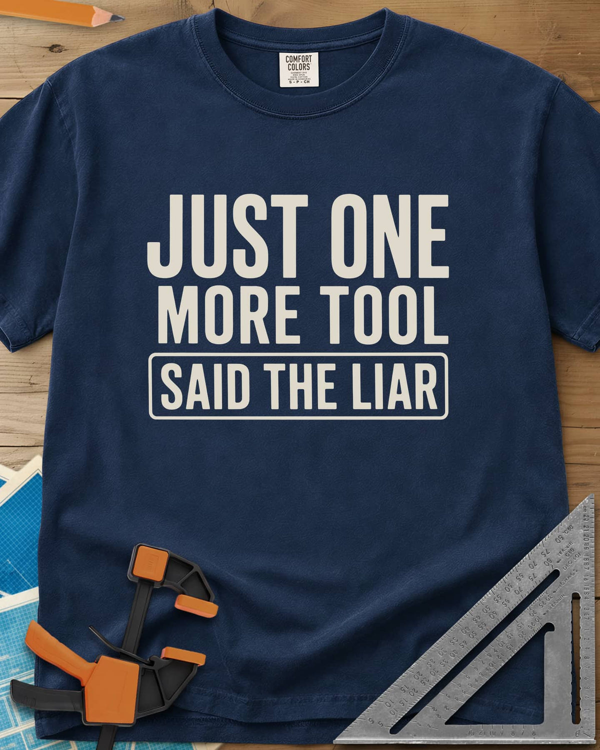 More Tools heavyweight tee in Navy, bold condensed capitals with the last line in a rounded box