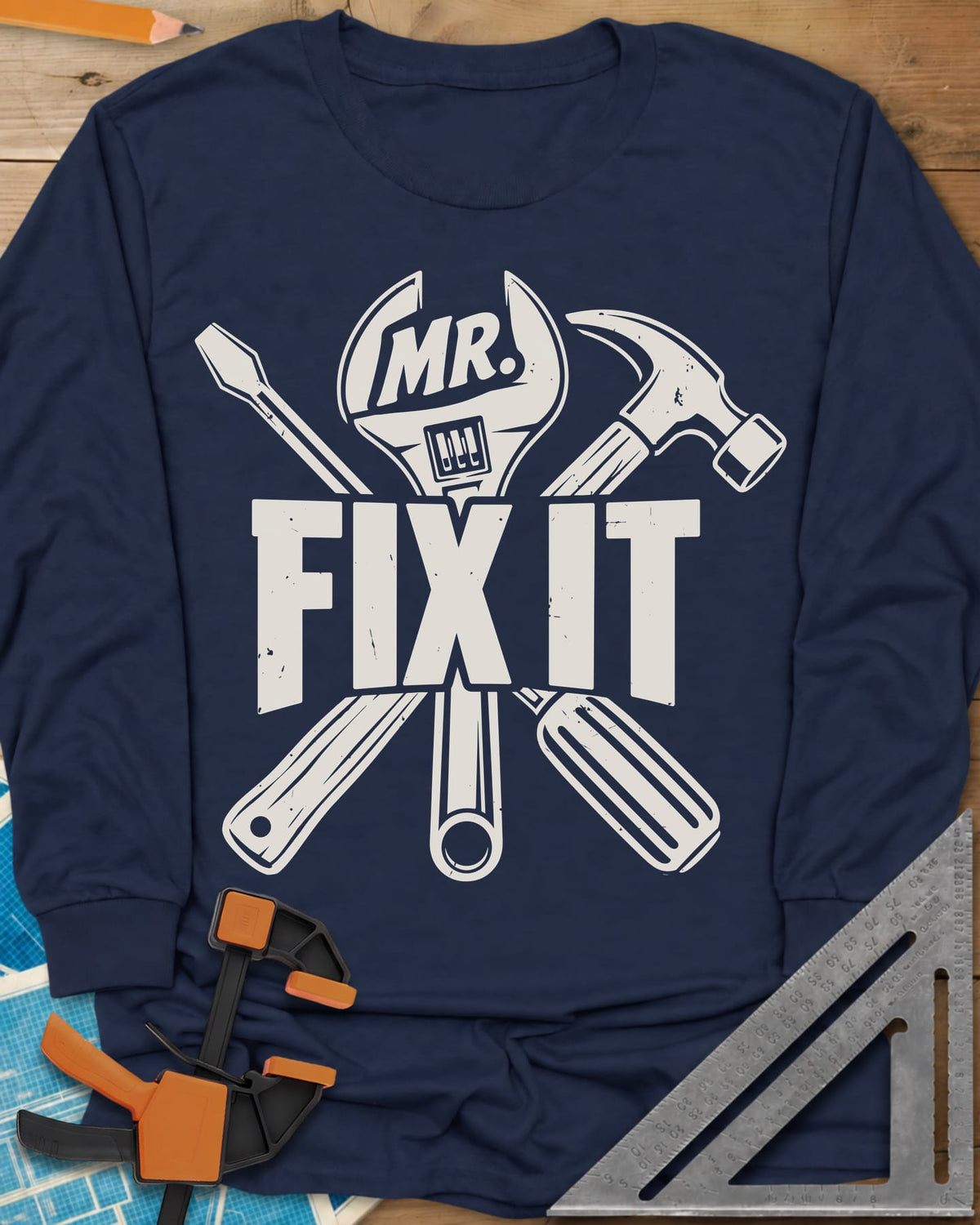 Mr. Fix It long sleeve shirt in Navy, crossed wrench, hammer and screwdriver behind block letters