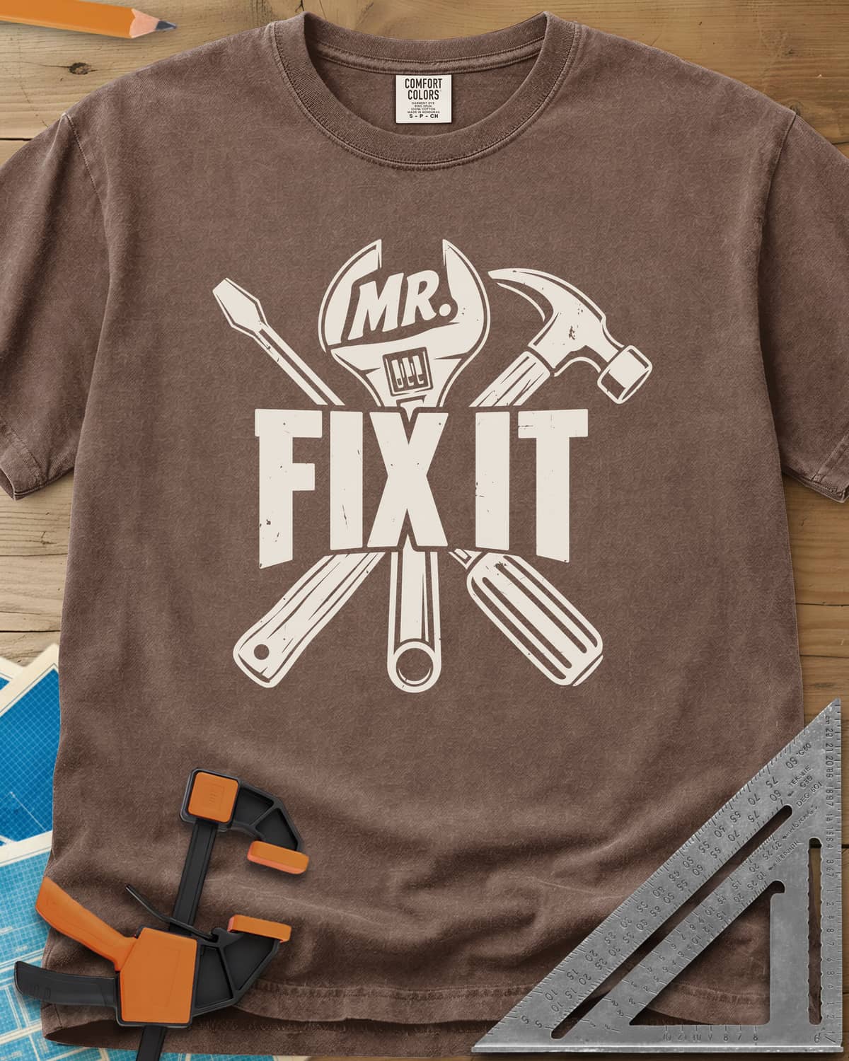 Mr. Fix It heavyweight tee in Espresso, crossed wrench, hammer and screwdriver behind block letters