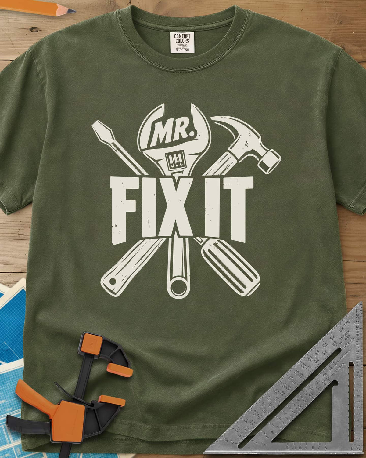 Mr. Fix It heavyweight tee in Hemp, crossed wrench, hammer and screwdriver behind block letters
