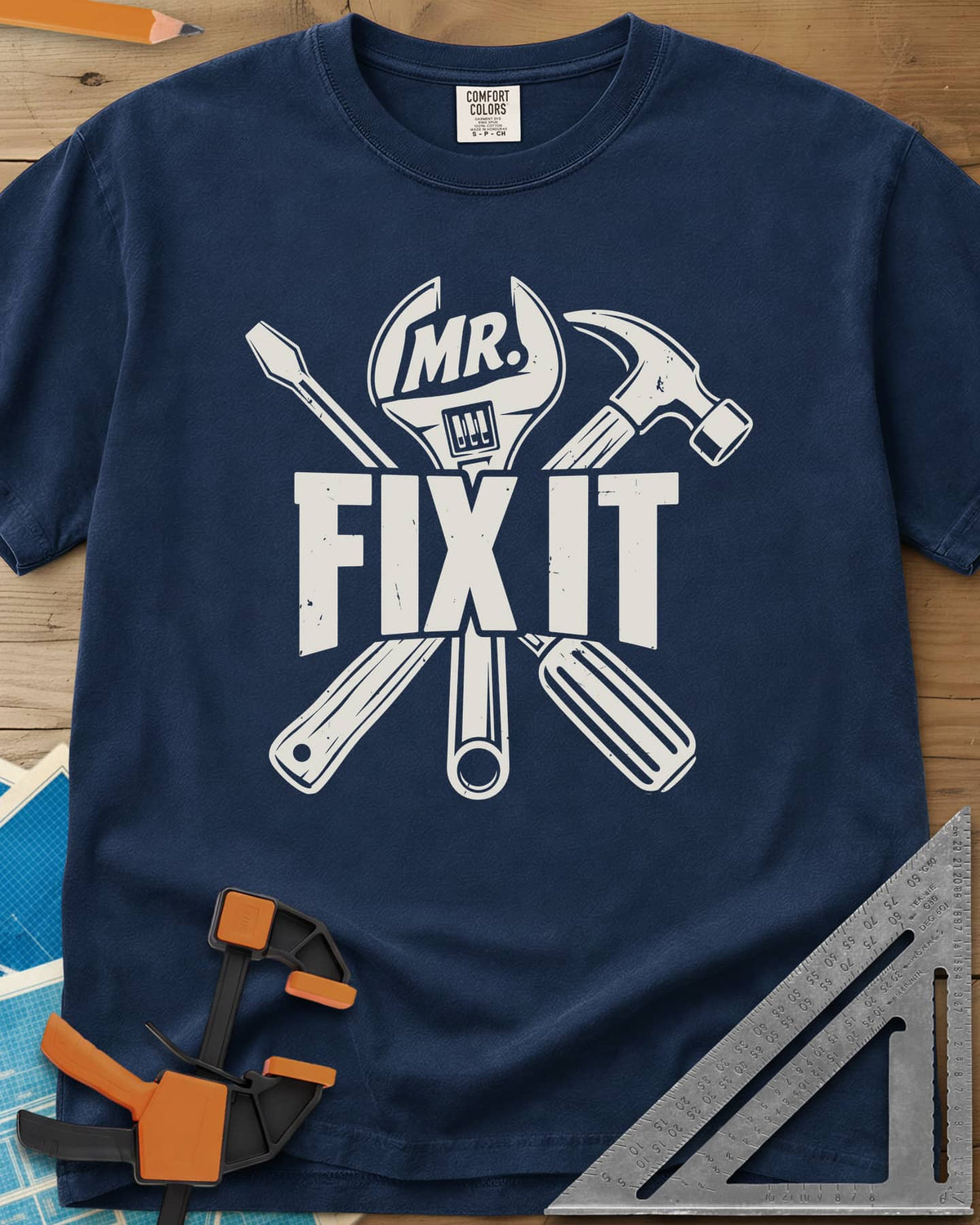 Mr. Fix It heavyweight tee in Navy, crossed wrench, hammer and screwdriver behind block letters