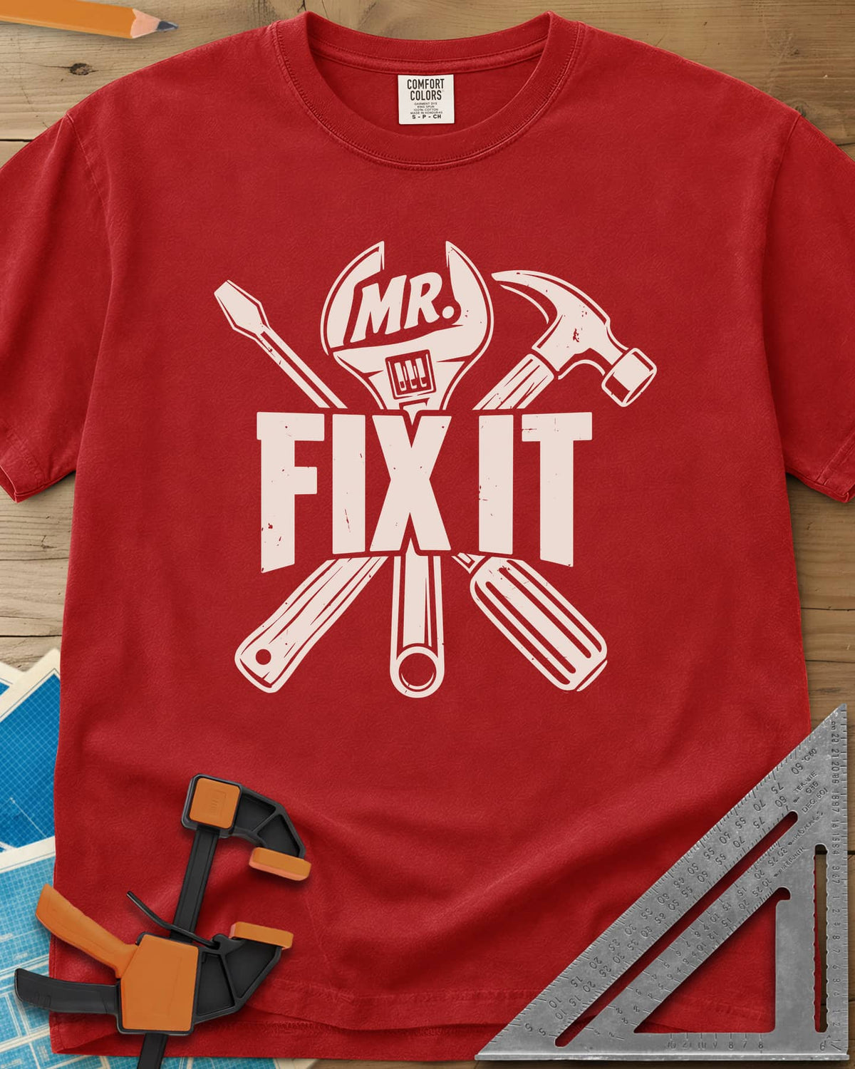 Mr. Fix It heavyweight tee in Red, crossed wrench, hammer and screwdriver behind block letters
