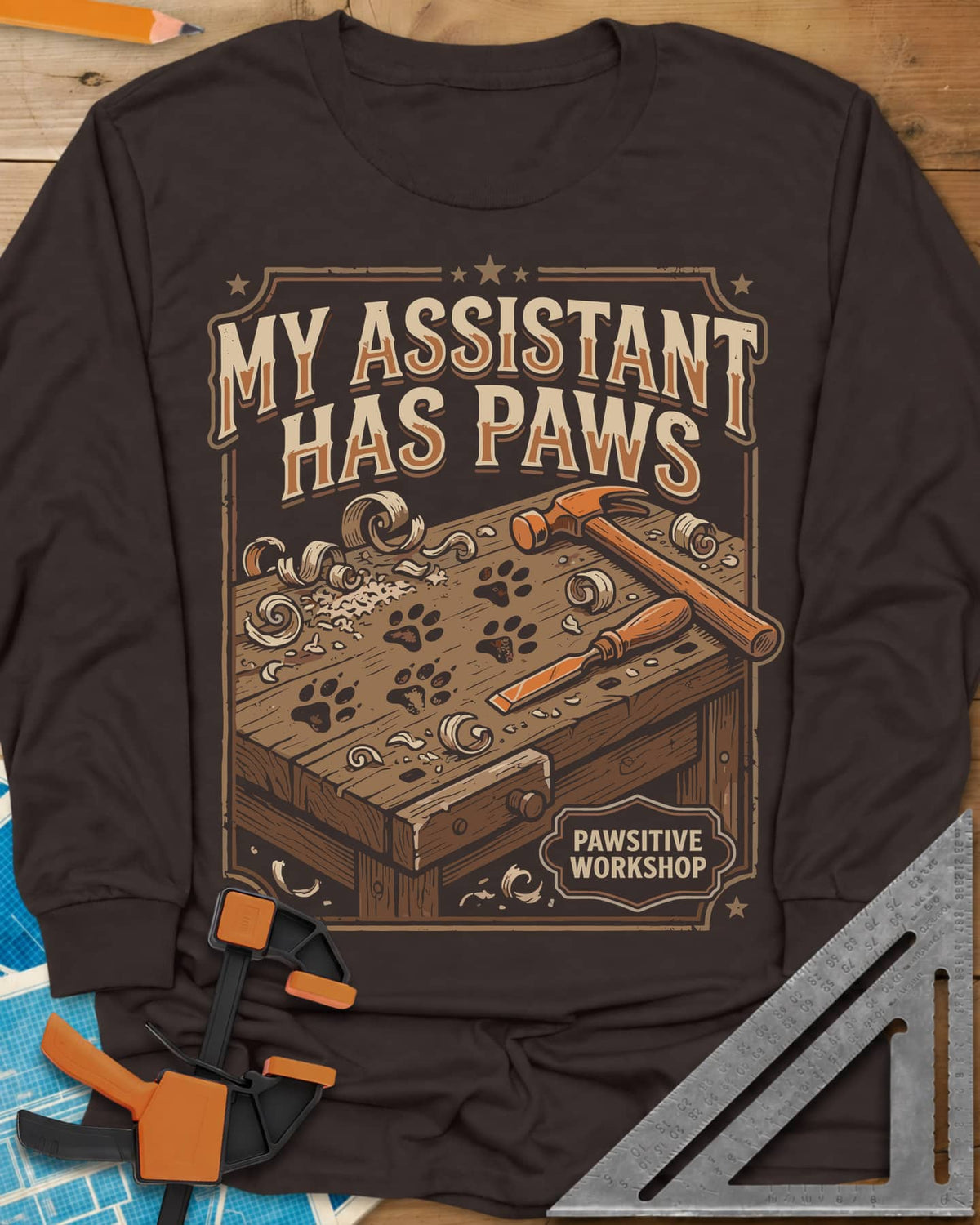 My Assistant Has Paws long sleeve shirt in Dark Chocolate, workbench with paw prints, shavings, a hammer and a chisel