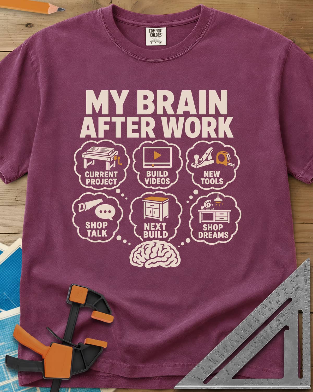 My Brain After Work heavyweight tee in Berry, a brain with six thought bubbles of shop projects, tools and videos