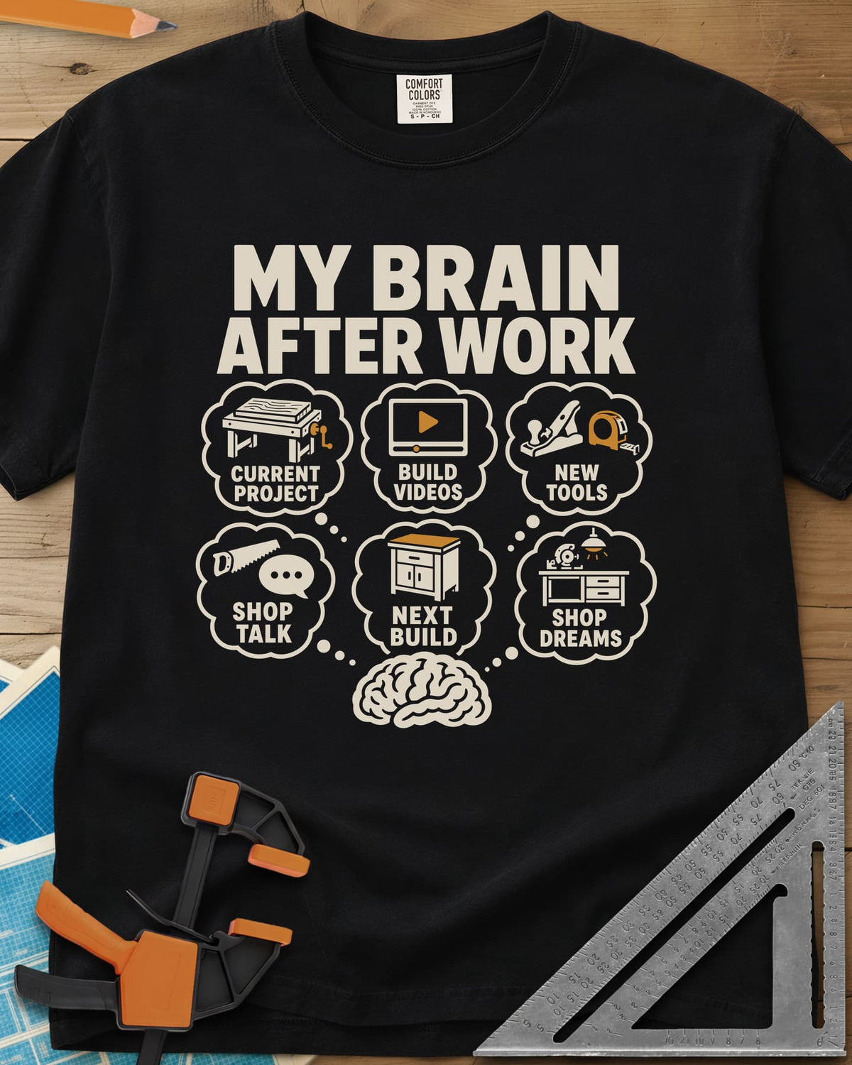 My Brain After Work heavyweight tee in Black, a brain with six thought bubbles of shop projects, tools and videos