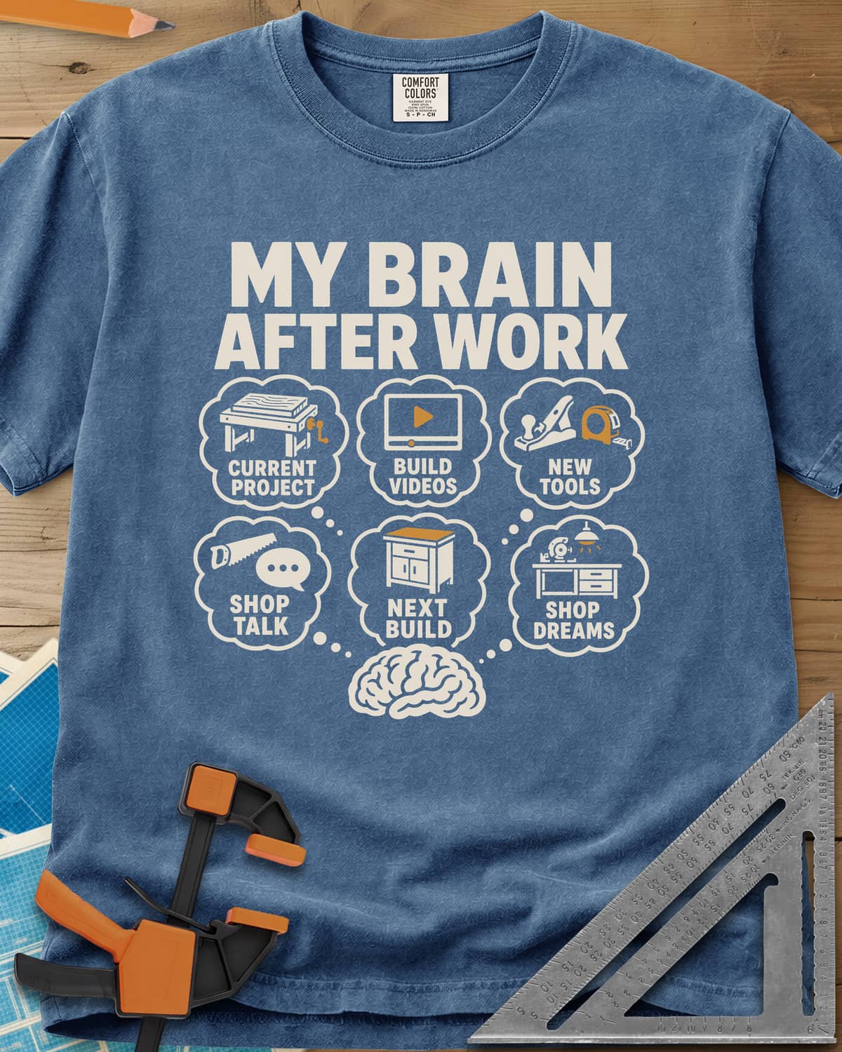 My Brain After Work heavyweight tee in Blue Jean, a brain with six thought bubbles of shop projects, tools and videos