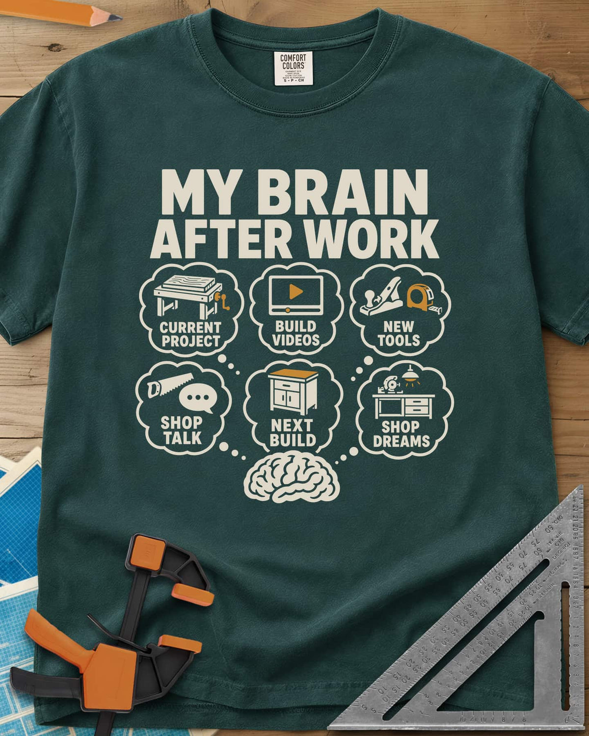 My Brain After Work heavyweight tee in Blue Spruce, a brain with six thought bubbles of shop projects, tools and videos